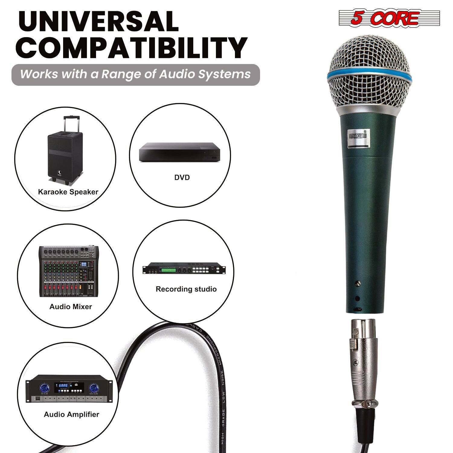 UNIVERSAL COMPATIBILITY  
Works with a Range of Audio Systems

5 CORE

- Karaoke Speaker
- DVD
- Audio Mixer
- Recording studio
- Audio Amplifier