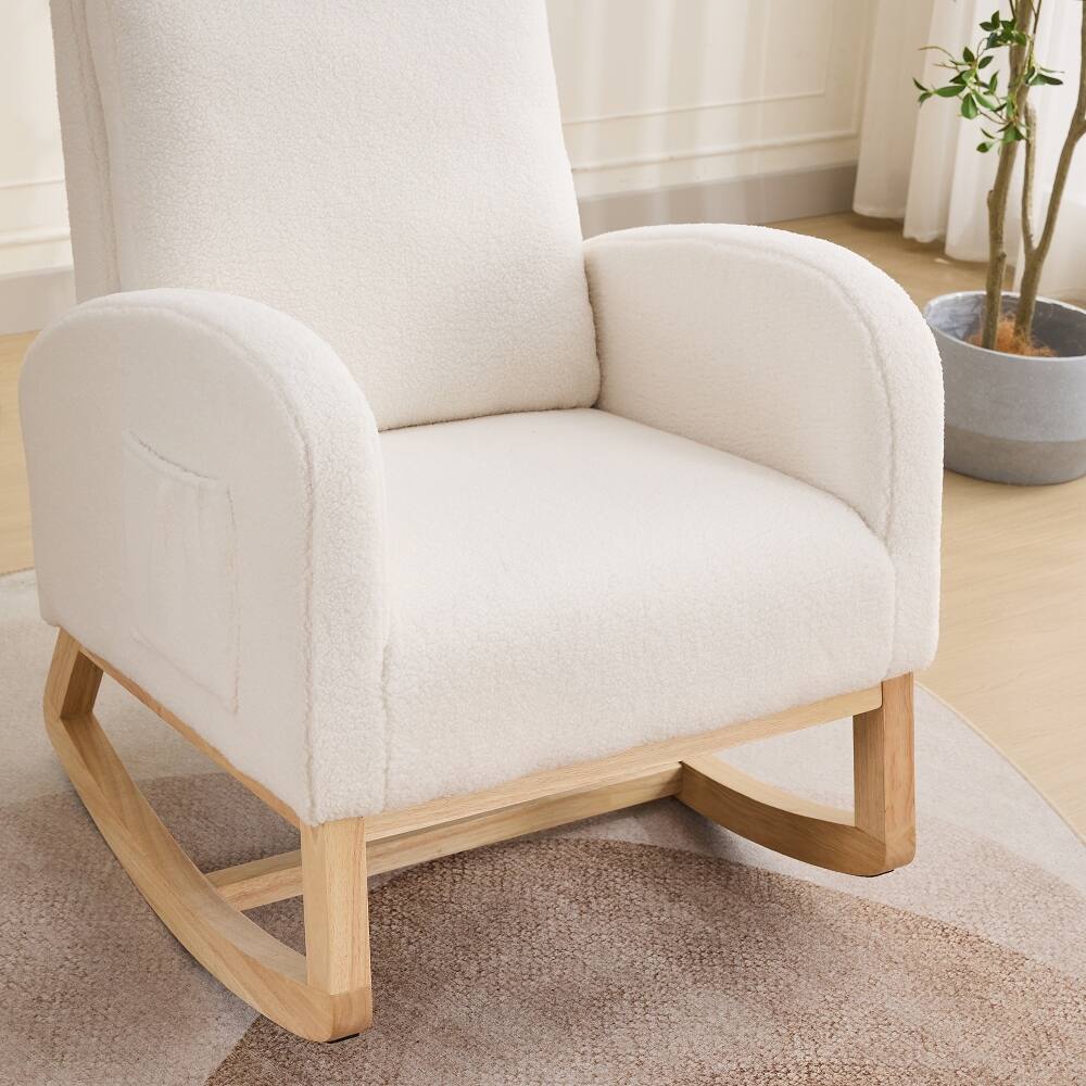 Alt View 4. Loheer - Loheer Ivory Sherpa Rocking Chair High Back Nursery Glider Accent Armchair with Side Pocket and Rubber Wood Legs - Ivory.