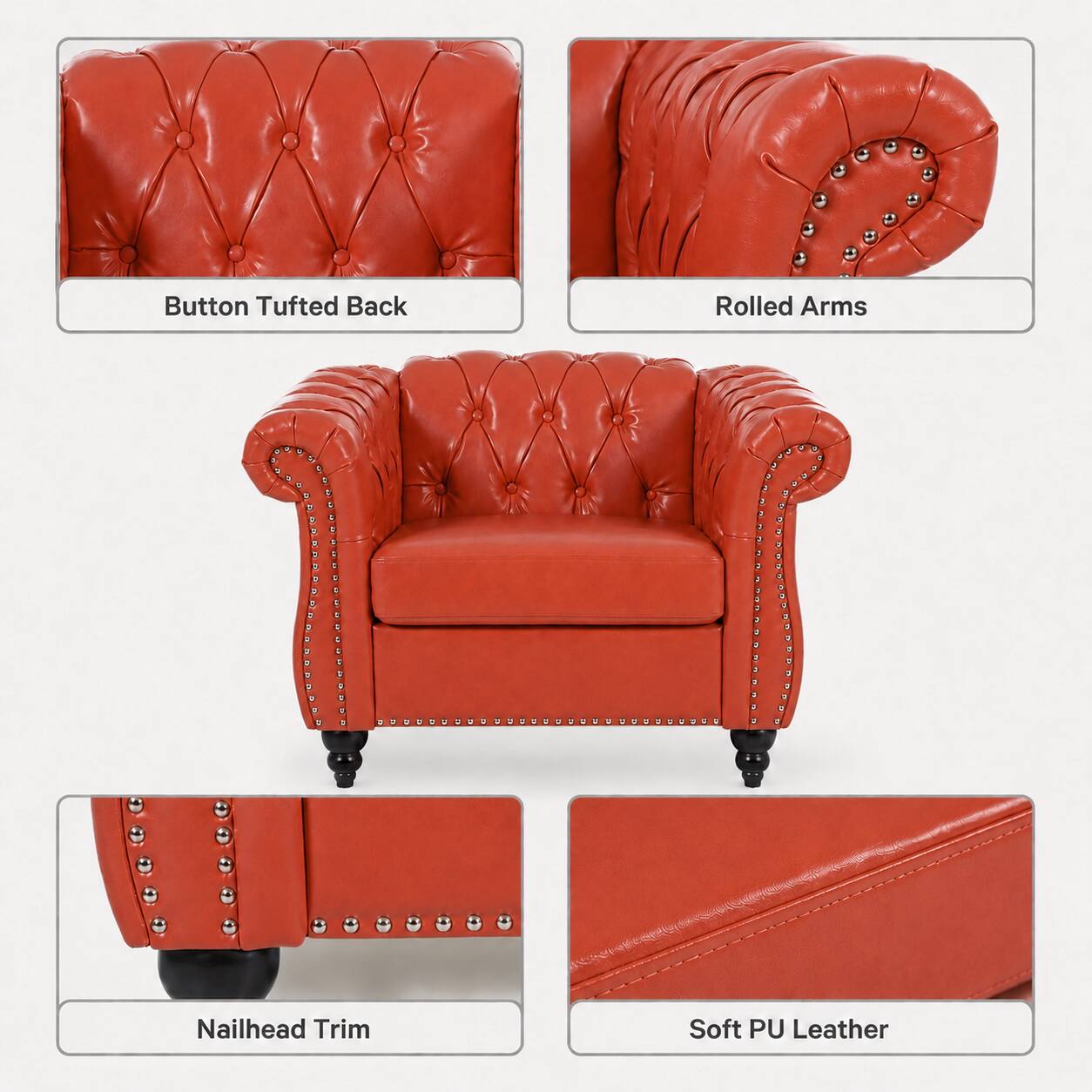 Button Tufted Back, Rolled Arms, Nailhead Trim, Soft PU Leather
