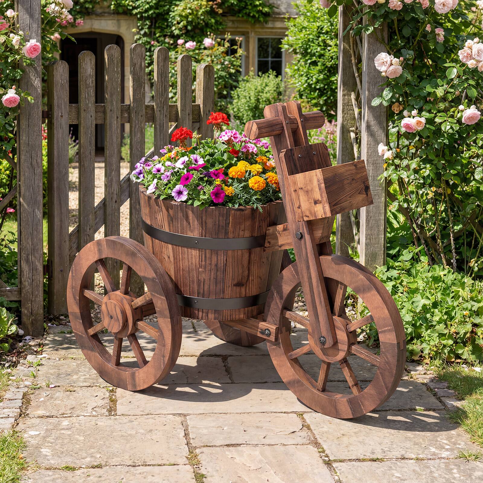 Alt View 3. Gymax - Gymax Rustic Wood Tricycle Planter w/Barrel Pot & Storage Box for Patio Balcony Garden - Brown.