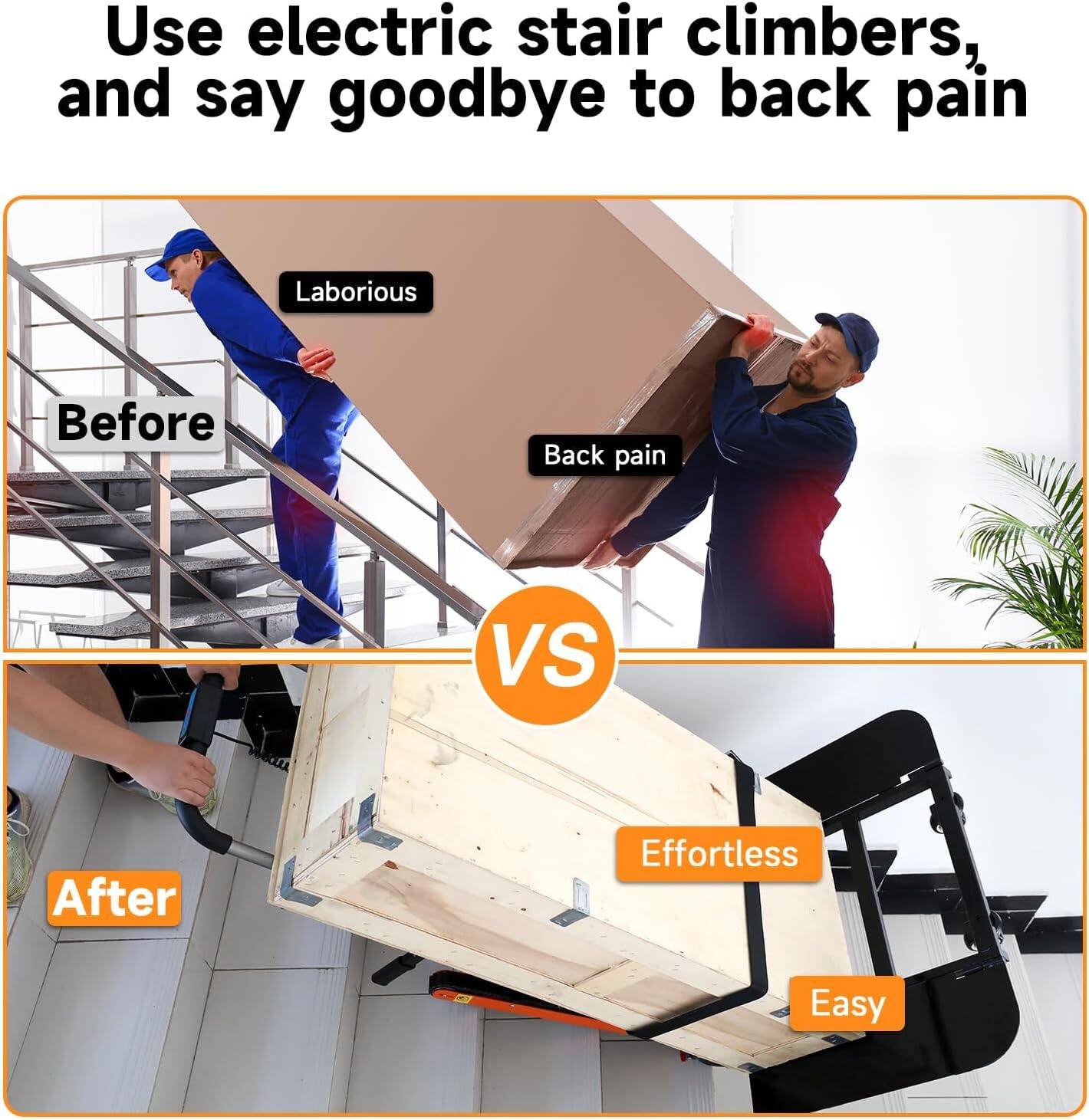 Use electric stair climbers, and say goodbye to back pain

Before
- Laborious
- Back pain

VS

After
- Effortless
- Easy