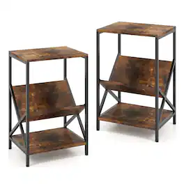 Gymax - 2 PCS Industrial Side Table 3-Tier End Table w/ V-Shaped Magazine Holder - Rustic Brown