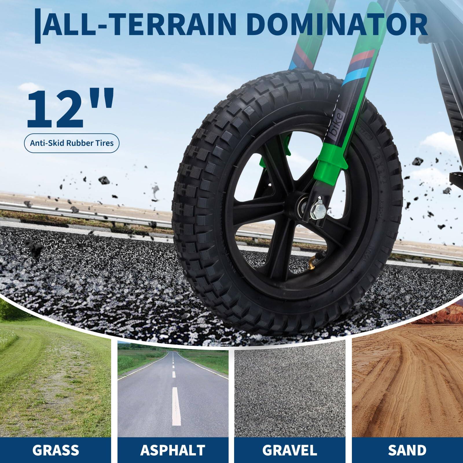 **ALL-TERRAIN DOMINATOR**

**12"**  
Anti-Skid Rubber Tires

- GRASS
- ASPHALT
- GRAVEL
- SAND