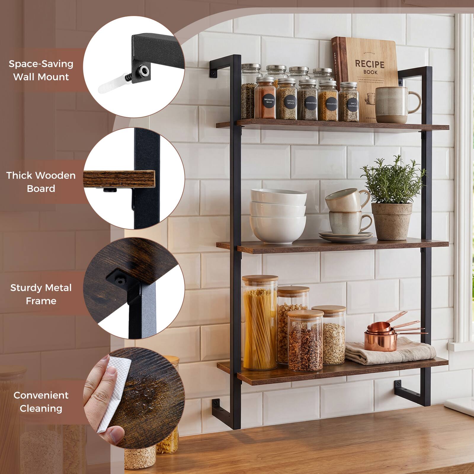Space-Saving Wall Mount  
Thick Wooden Board  
Sturdy Metal Frame  
Convenient Cleaning