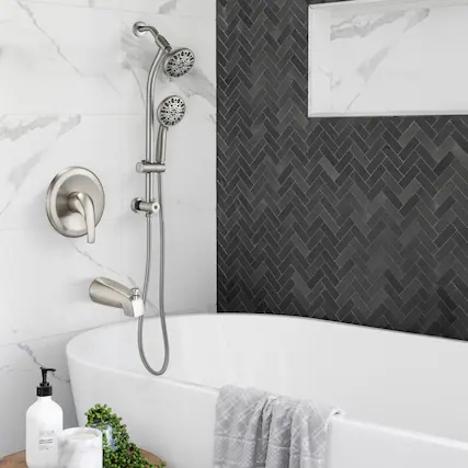 Front. Akoasm - 7-Spray Tool-Free Shower Combo: Chrome Dual Rainfall & Handheld with 48 Settings, Complete All-in-One Kit - Brushed Nickel.