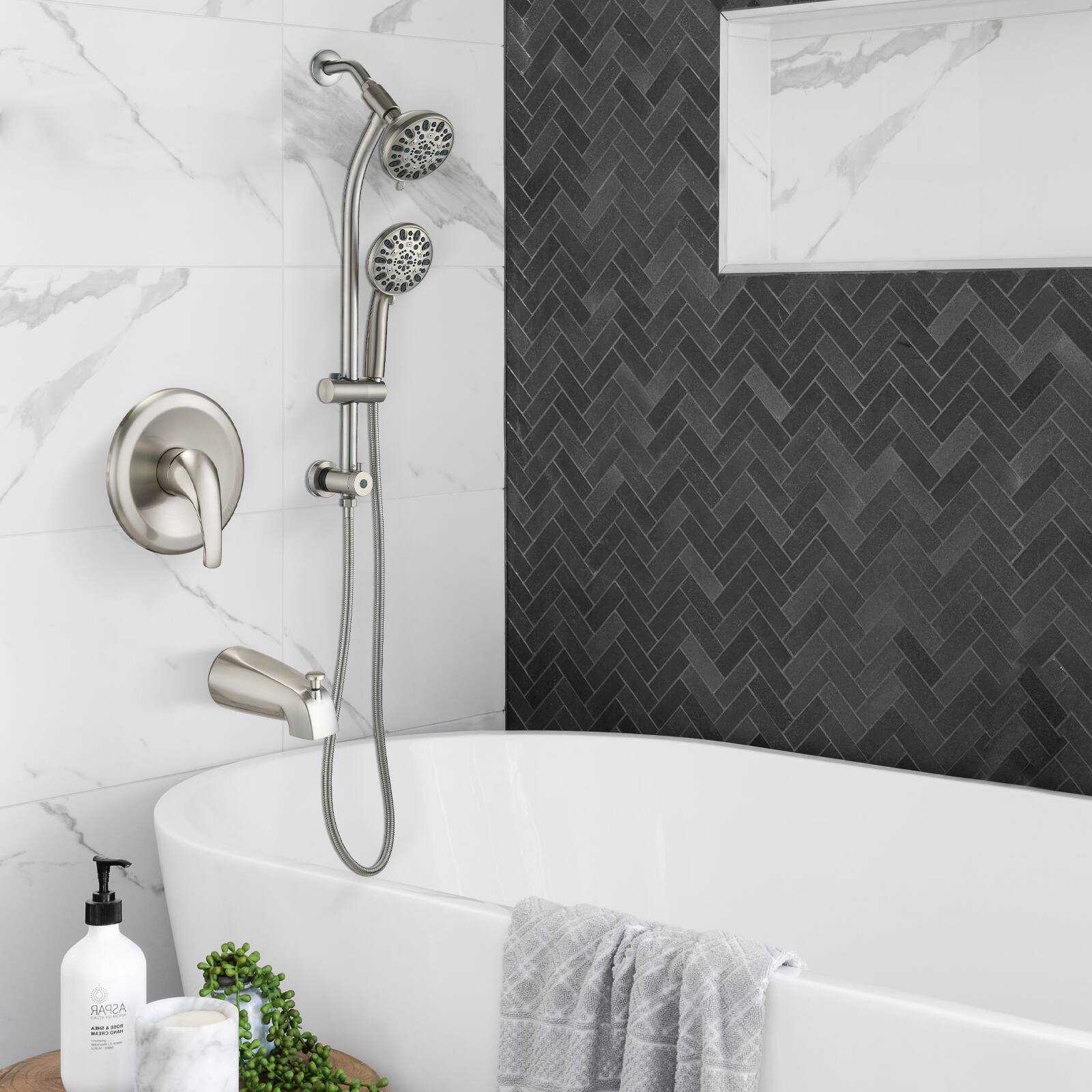 Front. Akoasm - 7-Spray Tool-Free Shower Combo: Chrome Dual Rainfall & Handheld with 48 Settings, Complete All-in-One Kit - Brushed Nickel.