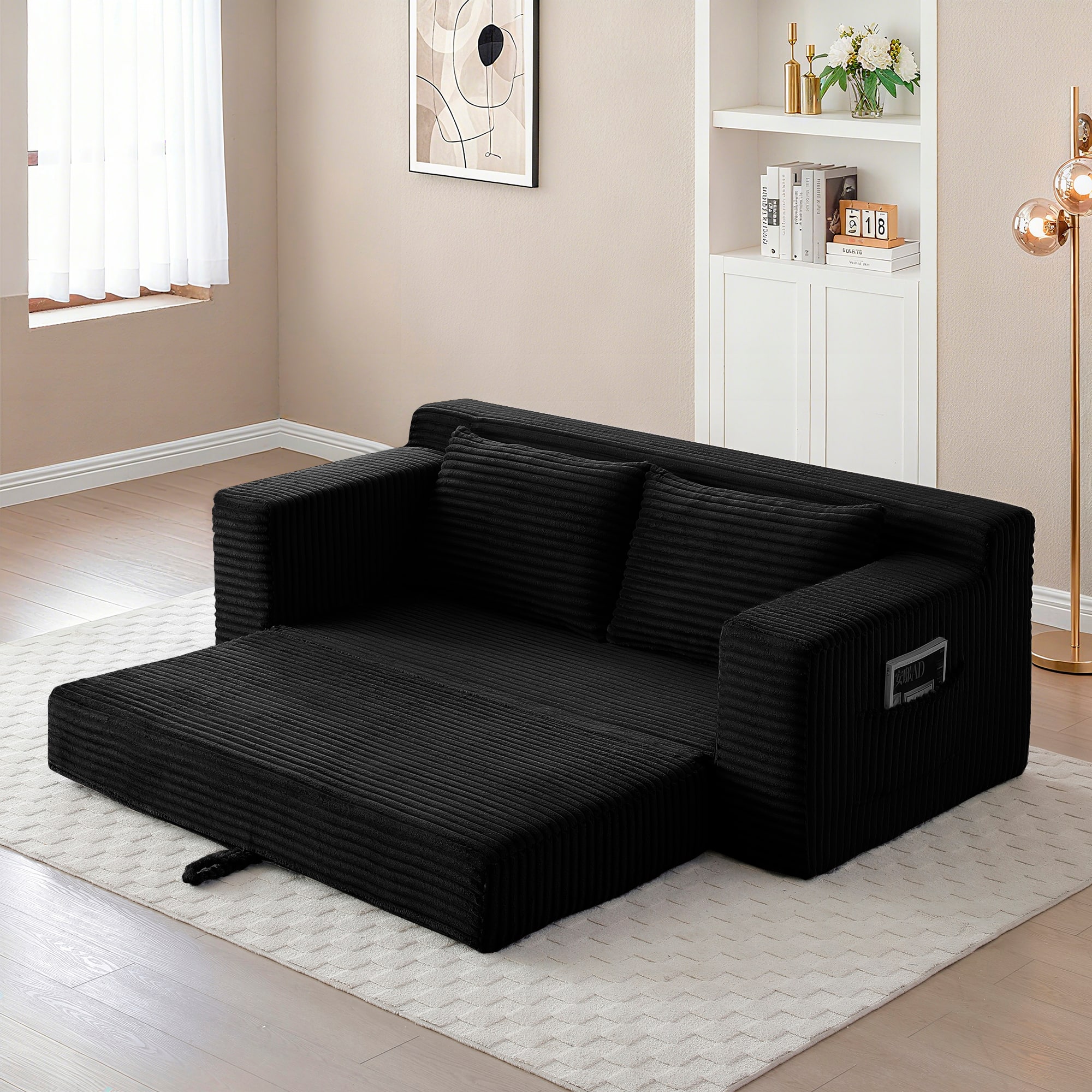 Meqiodas - 2 in 1 Convertible Folding Couch Bed, Cloud Loveseat Sofa, Corduroy Floor Lounge Sofa for Bedroom Living Room - Black