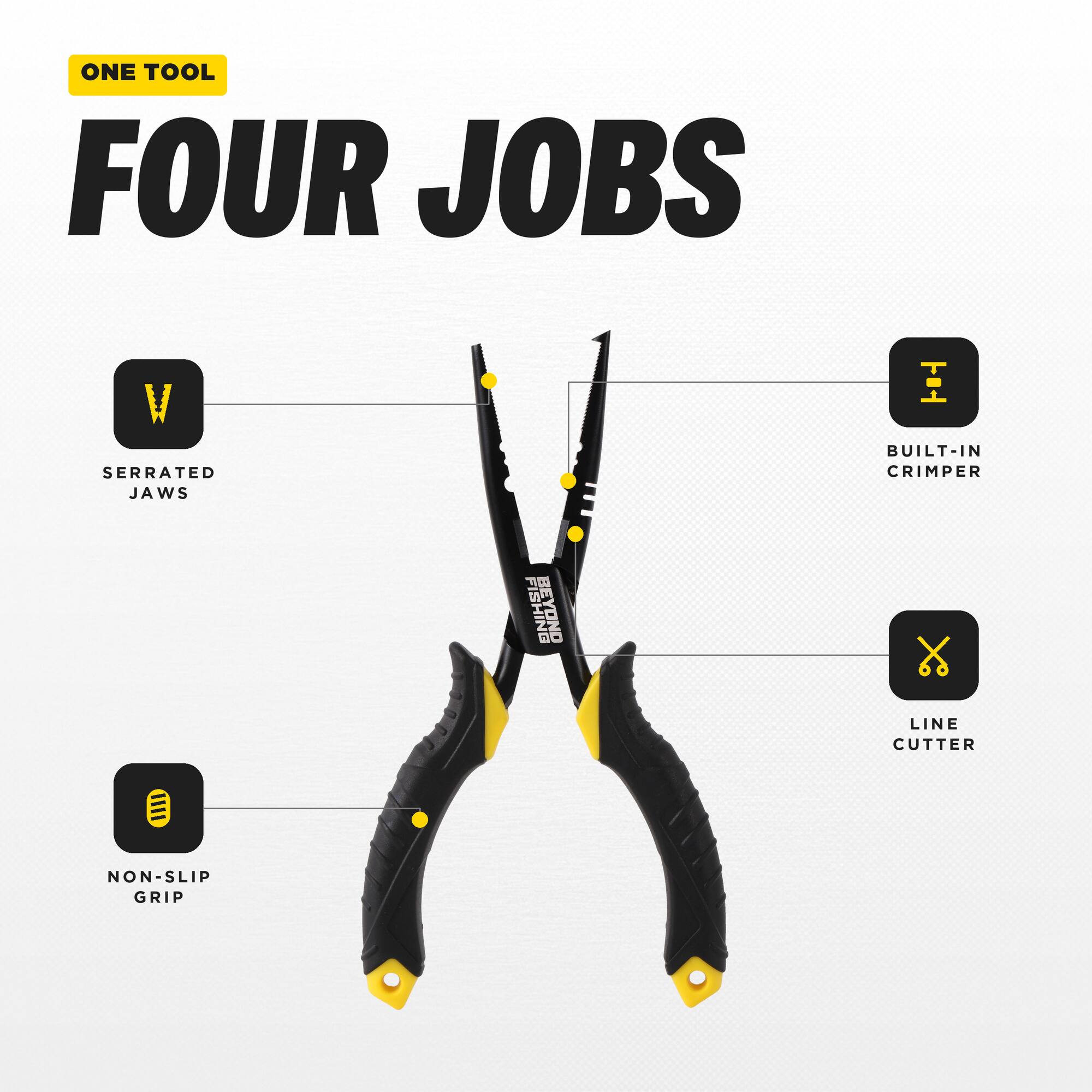 ONE TOOL FOUR JOBS

- SERRATED JAWS
- BUILT-IN CRIMPER
- LINE CUTTER
- NON-SLIP GRIP