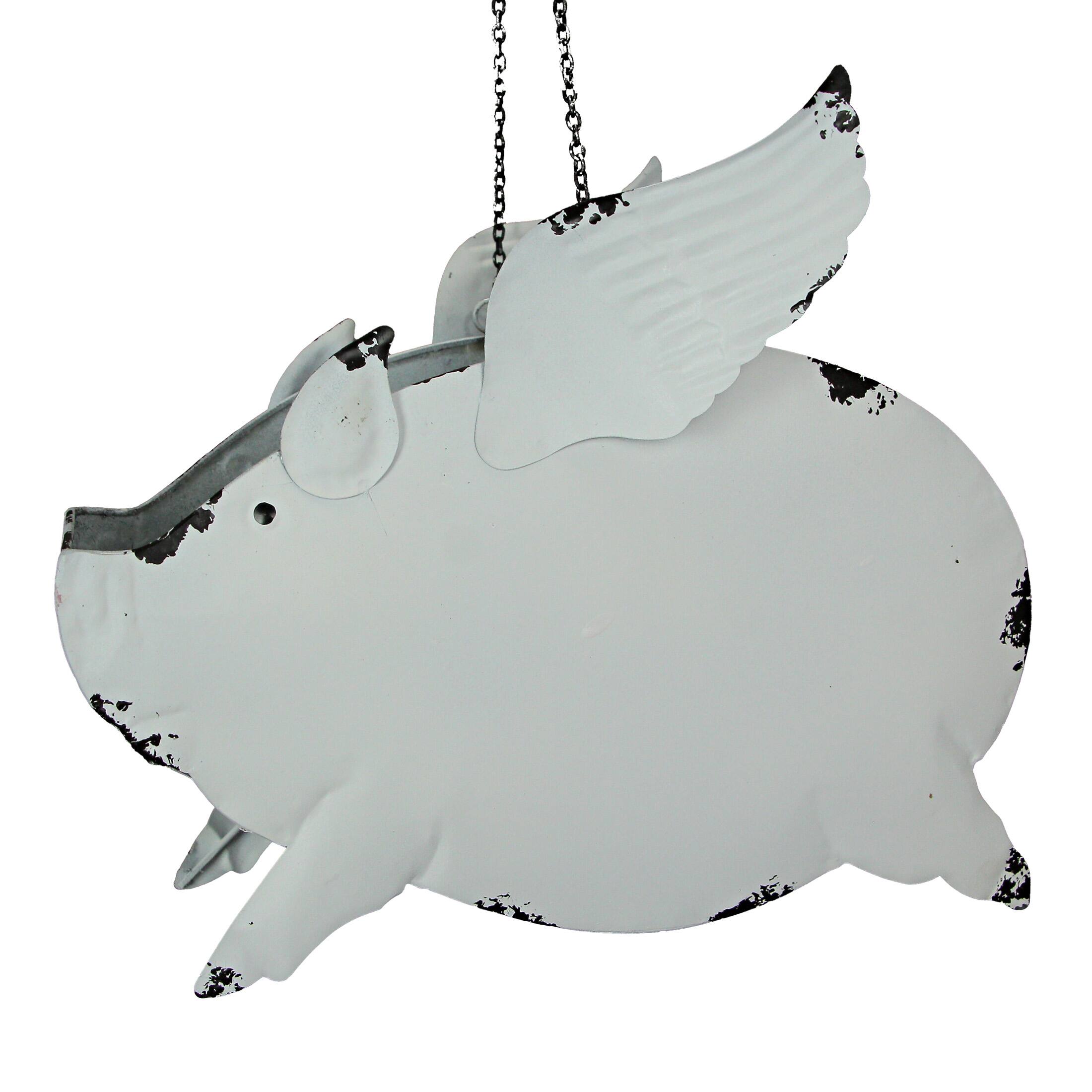 Alt View 4. Zeckos - Metal Distressed White Flying Pig Hanging Planter Set Large & Small Flower Pots - White.