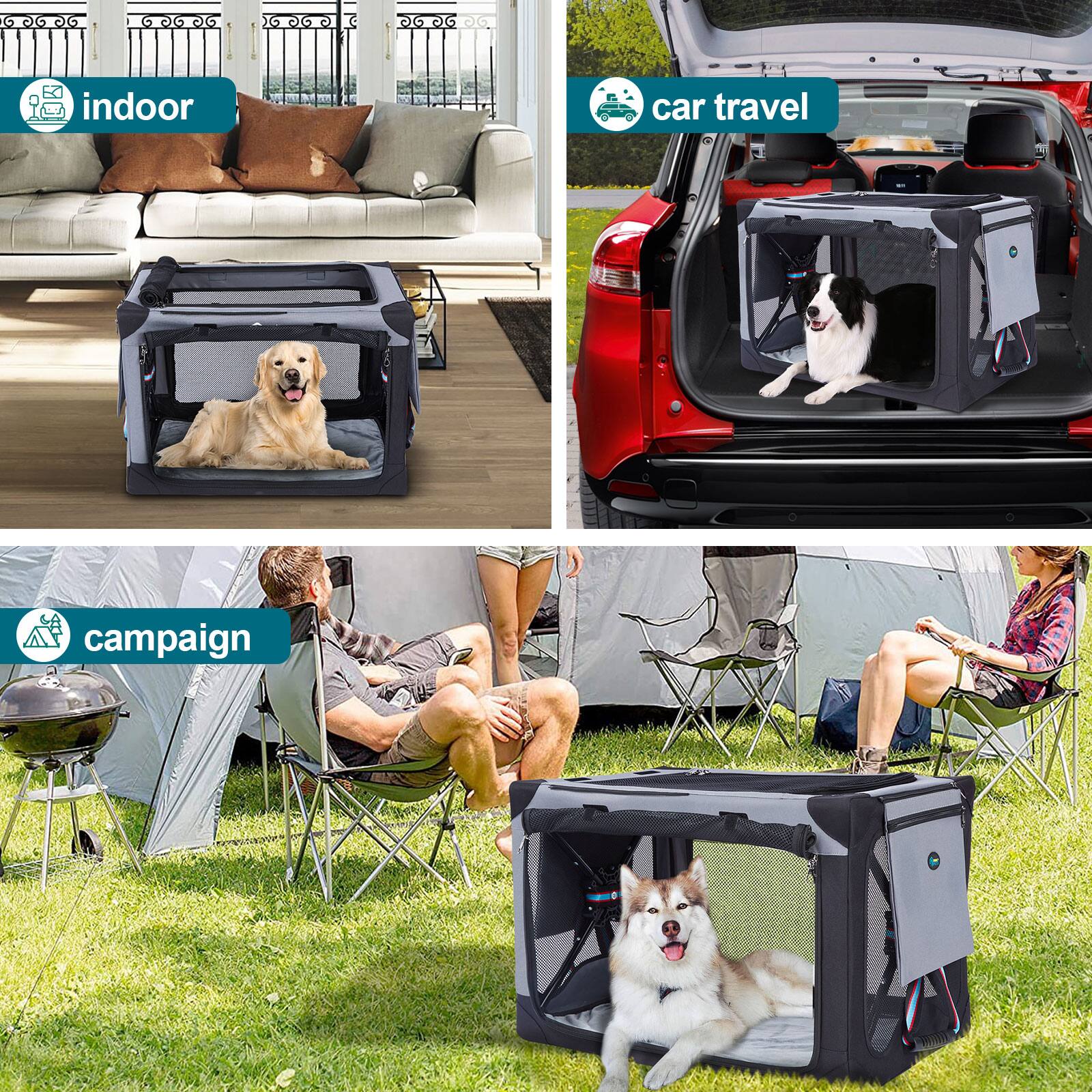 The text in the image can be grouped and corrected as follows:

1. **Indoor**: A dog lying in a pet carrier inside a living room.
2. **Car Travel**: A dog lying in a pet carrier in the trunk of a car.
3. **Campaign**: A dog lying in a pet carrier during a camping trip.