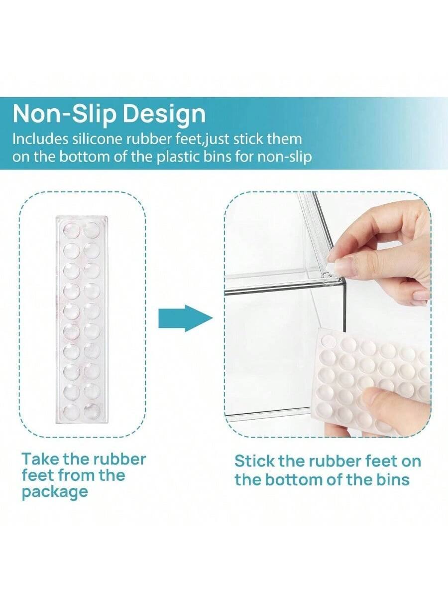 Non-Slip Design  
Includes silicone rubber feet, just stick them on the bottom of the plastic bins for non-slip  

Take the rubber feet from the package  

Stick the rubber feet on the bottom of the bins