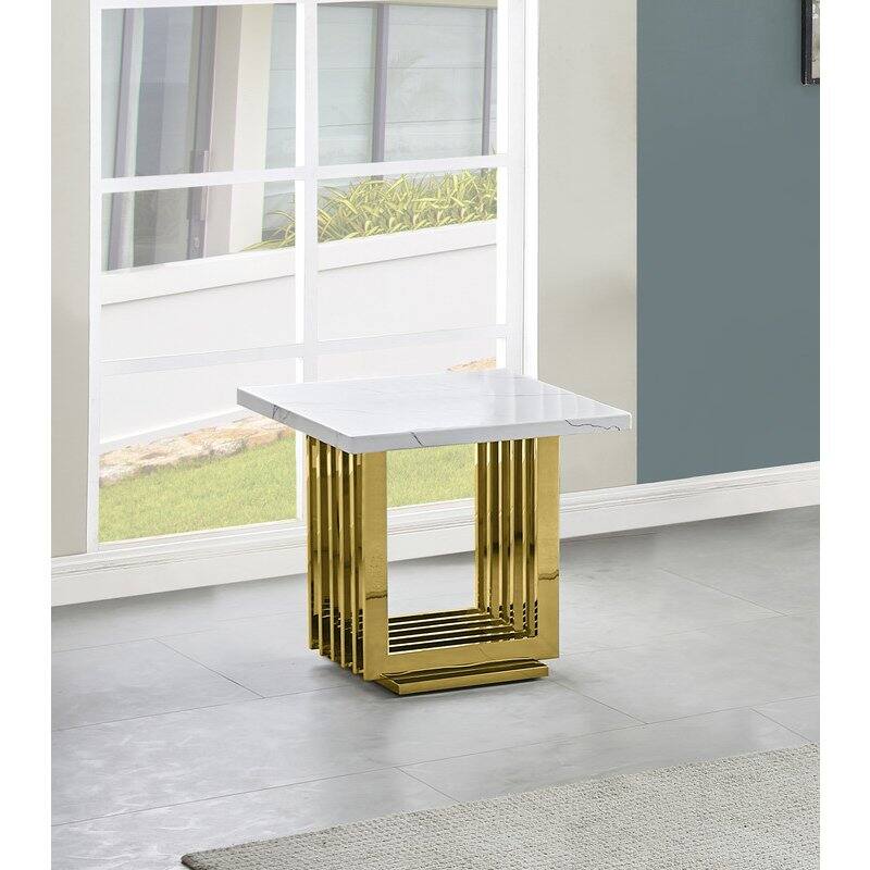 Alt View 1. Best Quality Furniture - White marble top end table with gold color stainless steel base - White.