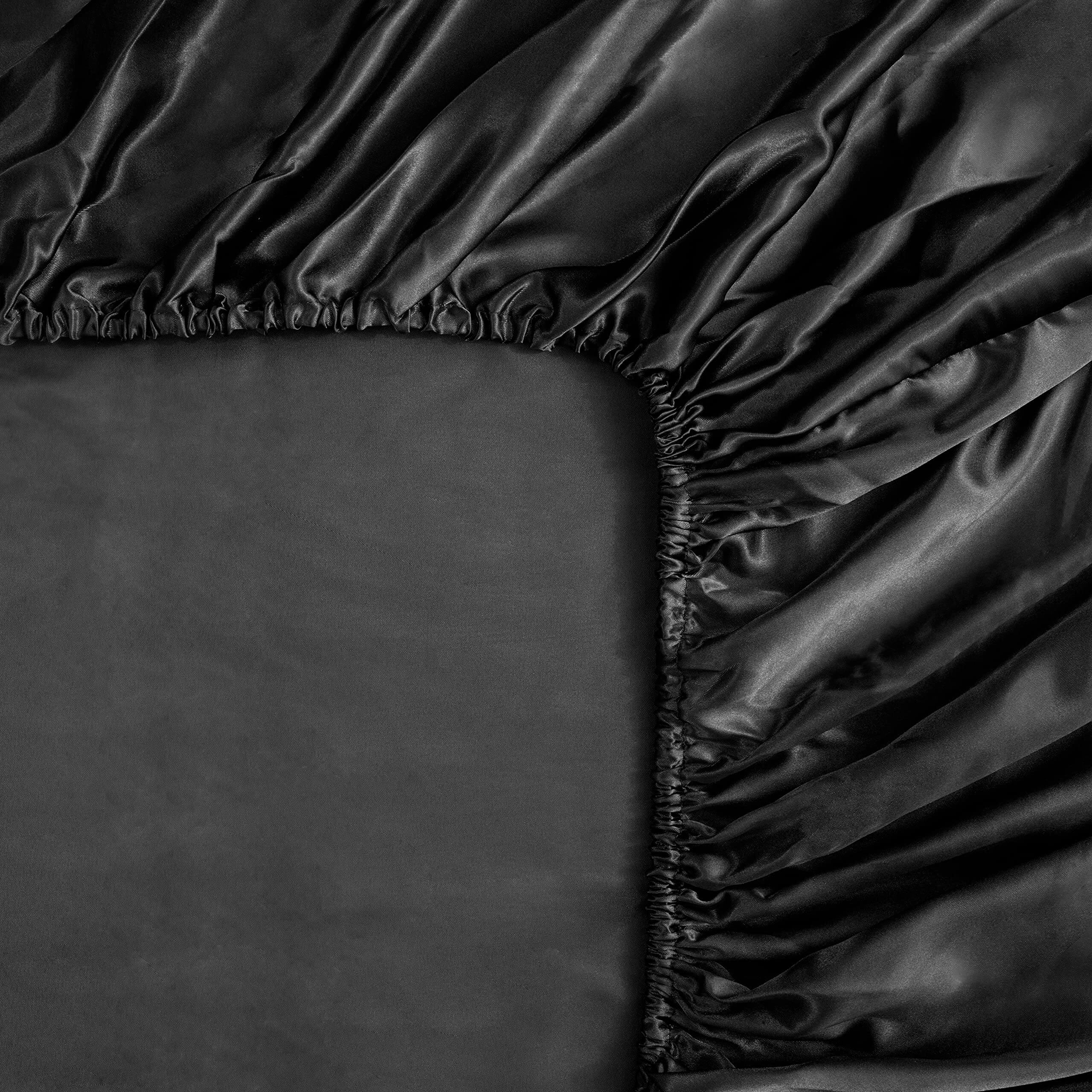 Alt View 3. Stylel Star - Silk Satin Black Fitted Sheet  Deep Pocket Only Breathable Non- Fading Fully Elasticized Bed Sheets Sold Separately - Black-Full.