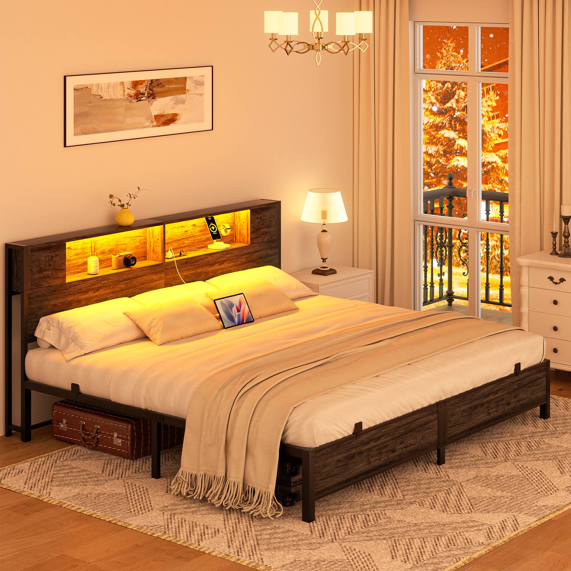 Left. Aheaplus - Industrial Metal Bed Frame: Storage Headboard / Charging, LED Lights, Steel Slats, No Box Spring, Easy Assembly - Black Oak.