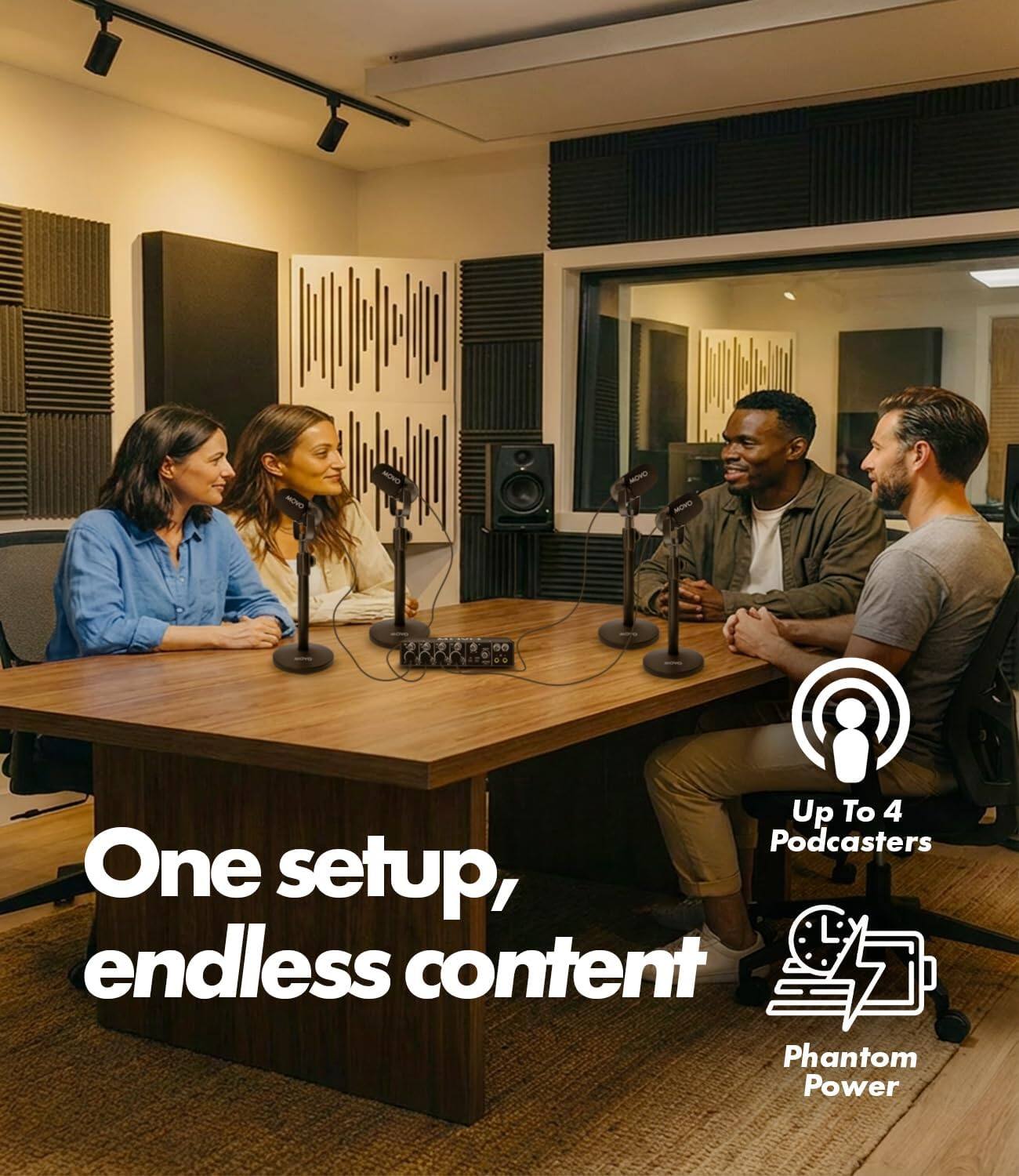 MOVO 00 HRRREO

One setup, endless content

Up To 4 Podcasters

Phantom Power