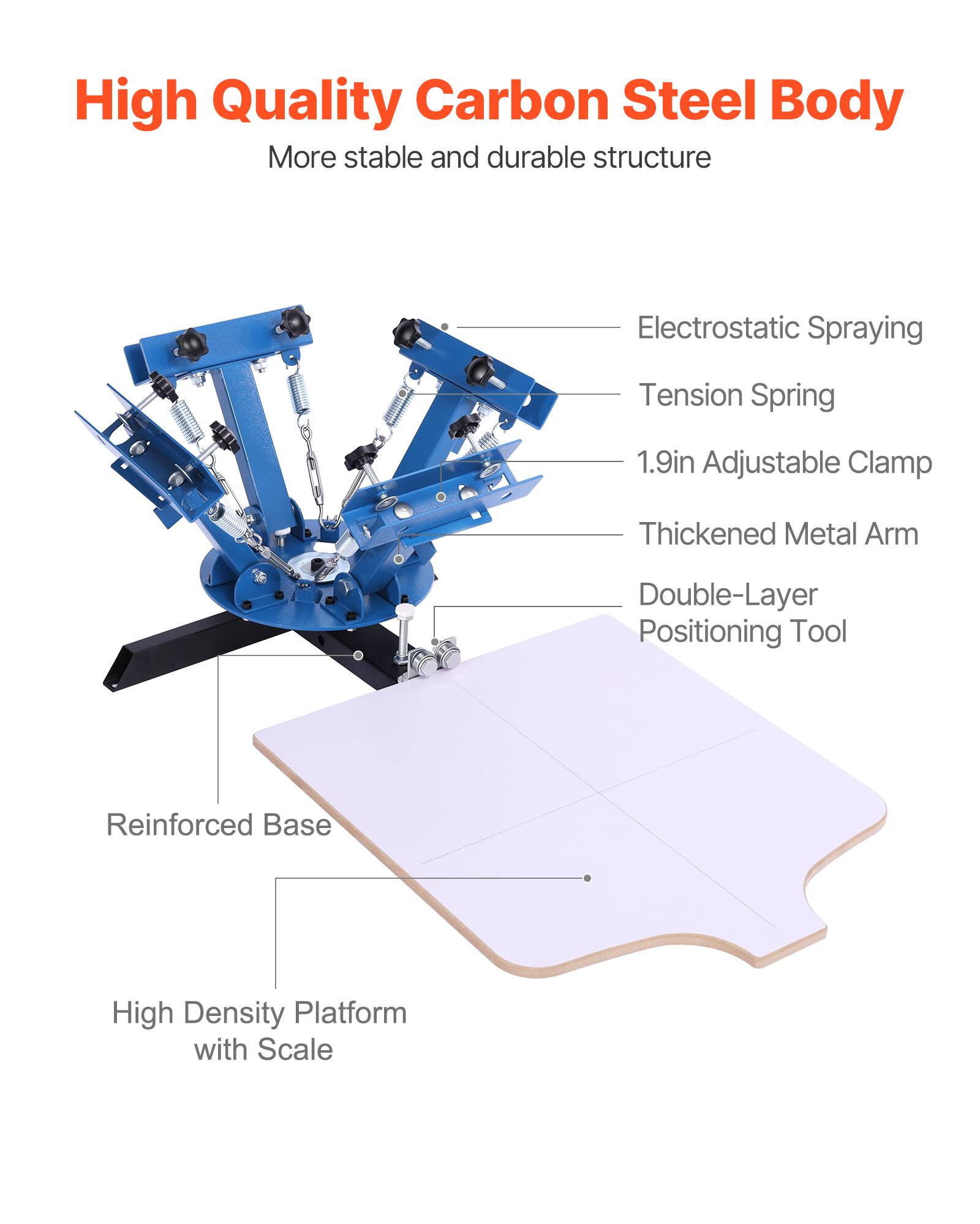 High Quality Carbon Steel Body  
More stable and durable structure  
Electrostatic Spraying  
Tension Spring  
1.9in Adjustable Clamp  
Thickened Metal Arm  
Double-Layer Positioning Tool  
Reinforced Base  
High Density Platform with Scale