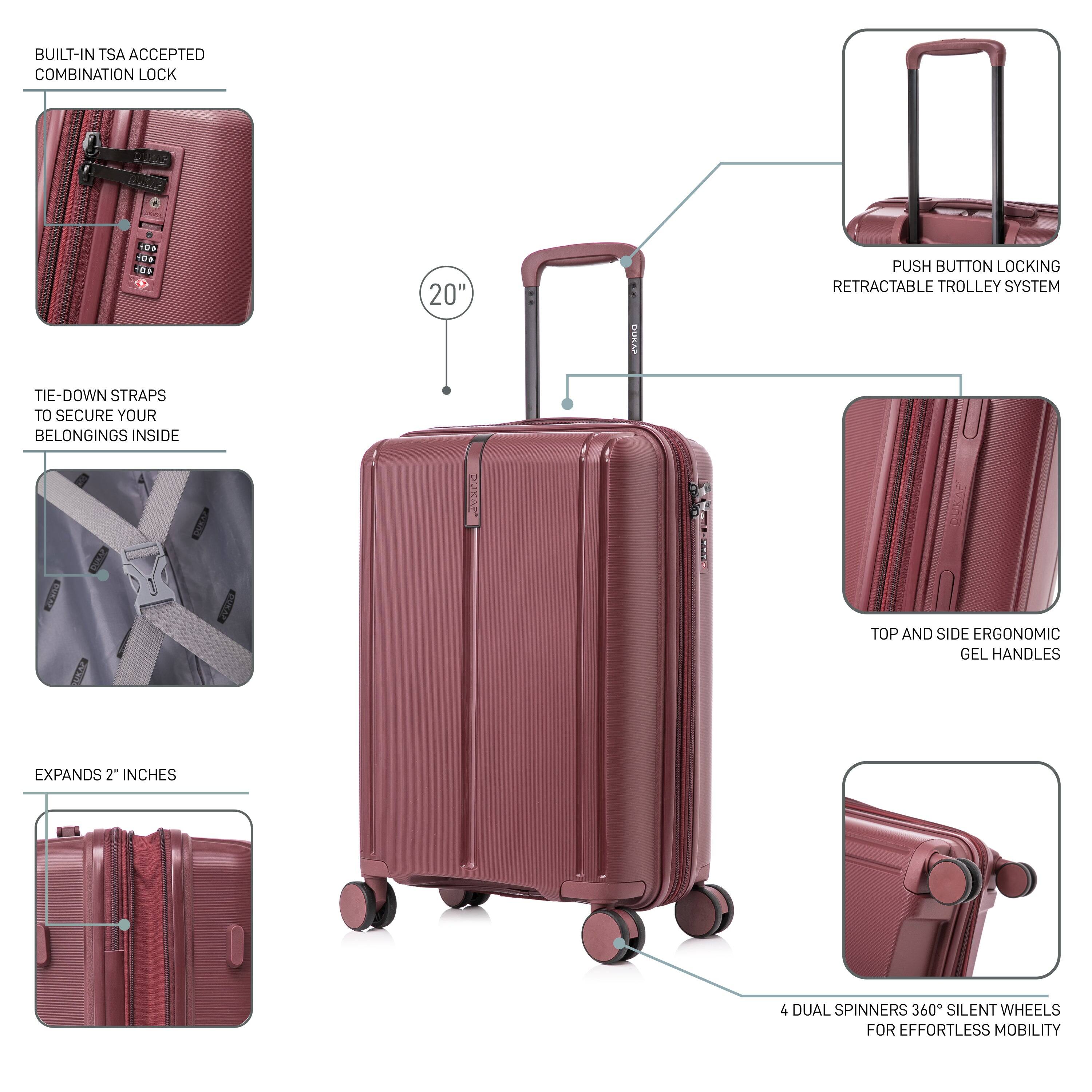 - BUILT-IN TSA ACCEPTED COMBINATION LOCK
- 20" SAE PUSH BUTTON LOCKING RETRACTABLE TROLLEY SYSTEM
- TIE-DOWN STRAPS TO SECURE YOUR BELONGINGS INSIDE
- EXPANDS 2 INCHES
- TOP AND SIDE ERGONOMIC GEL HANDLES
- 4 DUAL SPINNERS 360° SILENT WHEELS FOR EFFORTLESS MOBILITY