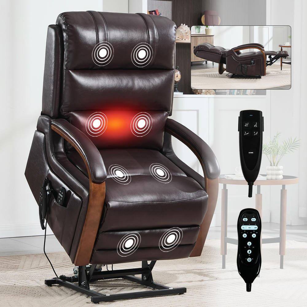 Back. Kadyn - Dual Motor Power Lift Recliner, 8-Point Massage & Heat, Solid Wood Armrests, 350lb Capacity, Dark Brown - Brown.