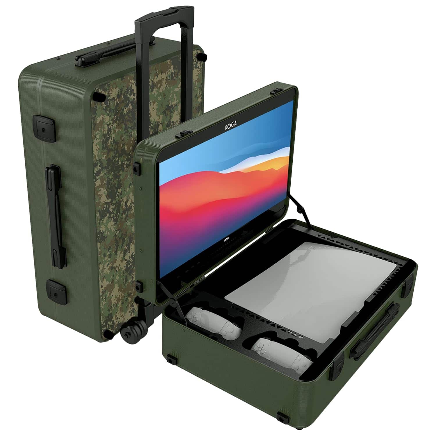 Front. POGA - LUX PlayStation 5 Premium Portable Console Travel Case w/ Trolley and 24" AOC Gaming Monitor - Camouflage.