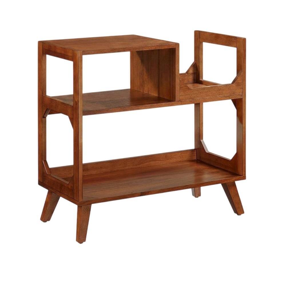 Alt View 1. FurniFact - Brown Walnut Record Player Stand, Rubberwood Veneer Vinyl Storage - Walnut.
