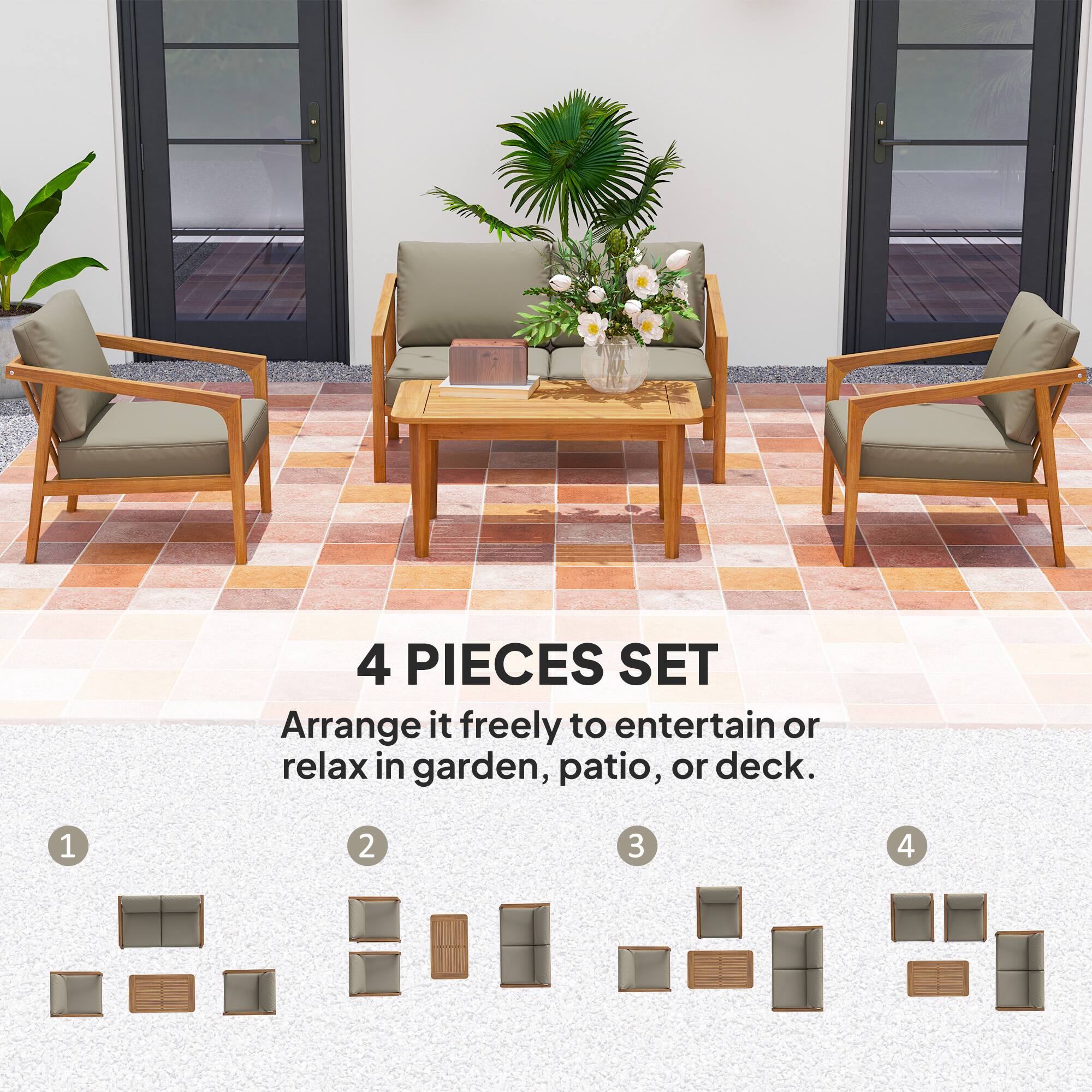 4 PIECES SET
Arrange it freely to entertain or relax in garden, patio, or deck.
1 2 3 4
