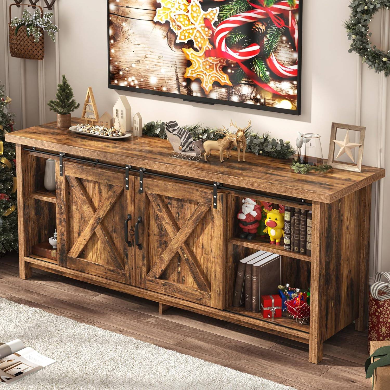 Angle. Espafurni - 58" Farmhouse TV Stand - Fits 55 - 65" TVs, Adj Shelves, Barn Door, for Home - Brown.