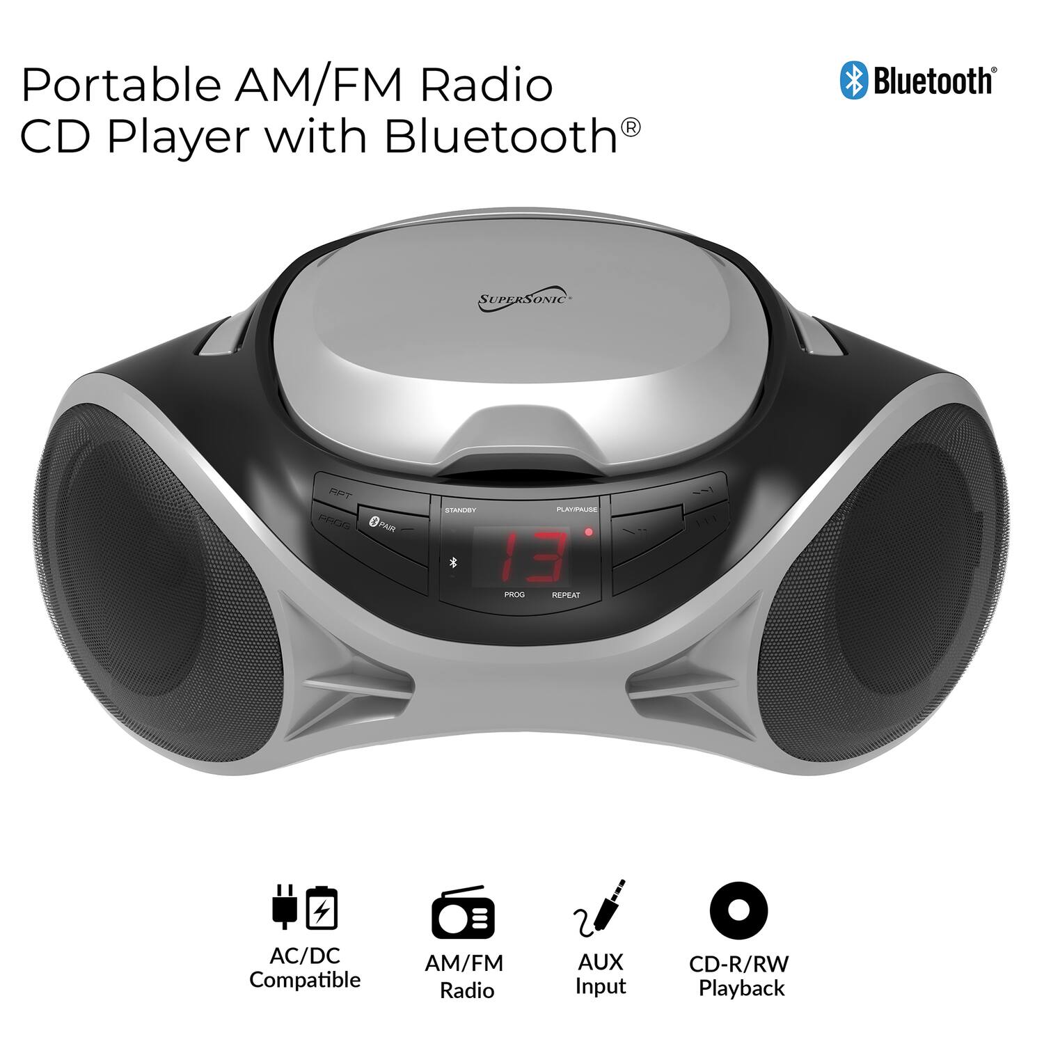 Portable AM/FM Radio CD Player with Bluetooth

- AC/DC Compatible
- AM/FM Radio
- AUX Input
- CD-R/RW Playback