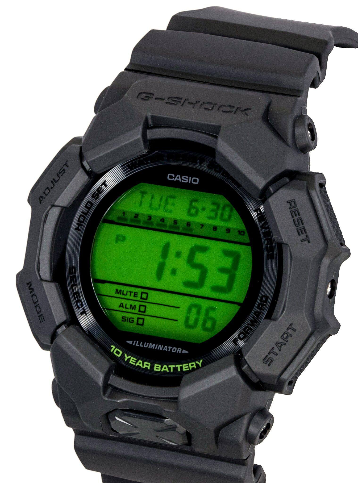 G-SHOCK  
CASIO  
ADJUST  
HOLD SET  
RESET  
MODE  
SELECT  
MUTE  
ALM  
SIG  
ILLUMINATOR  
FORWARD  
START  
10 YEAR BATTERY