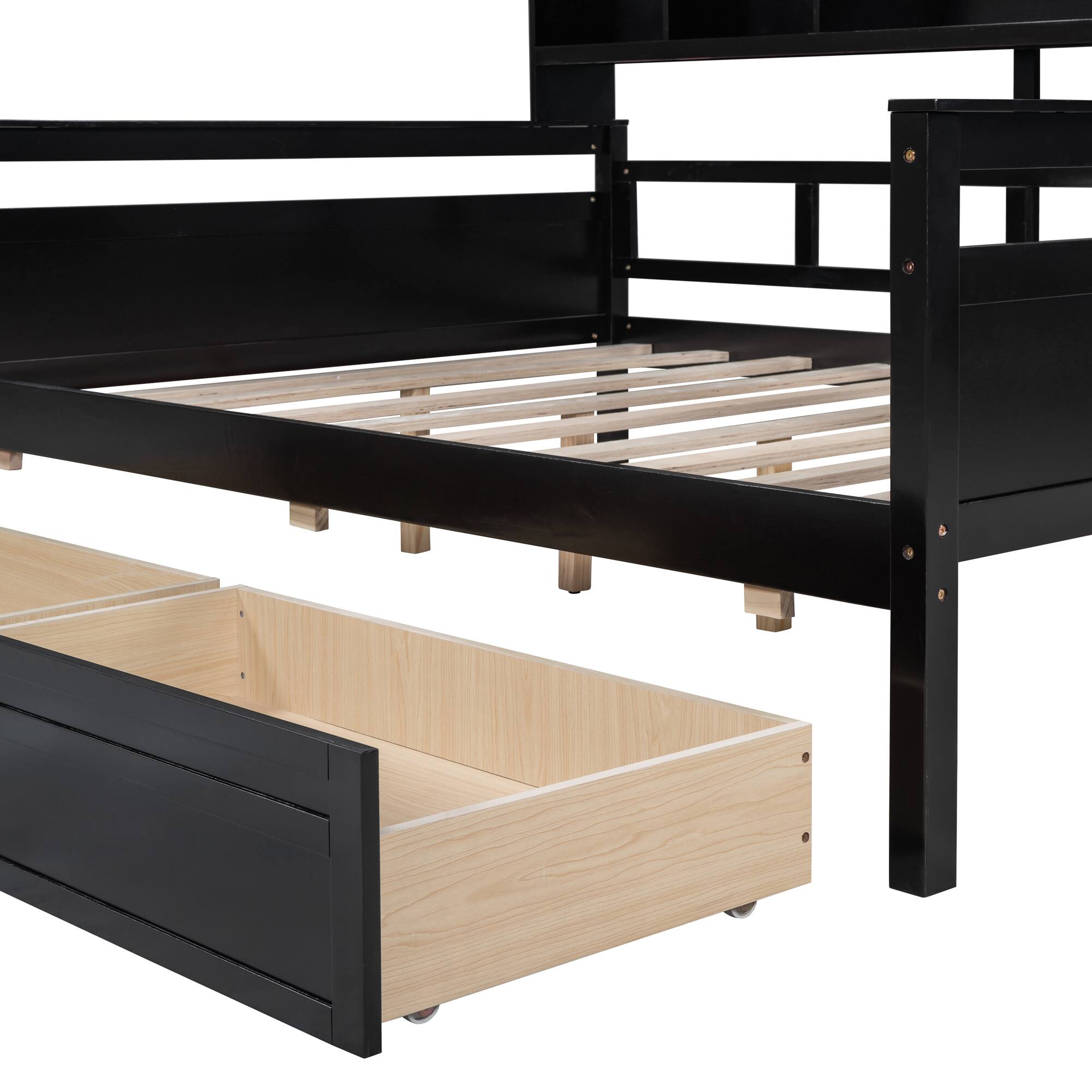 Alt View 1. Aukfa - Twin size Daybed, Wood Slat Support, with Bedside Shelves and Two Drawers - Espresso.
