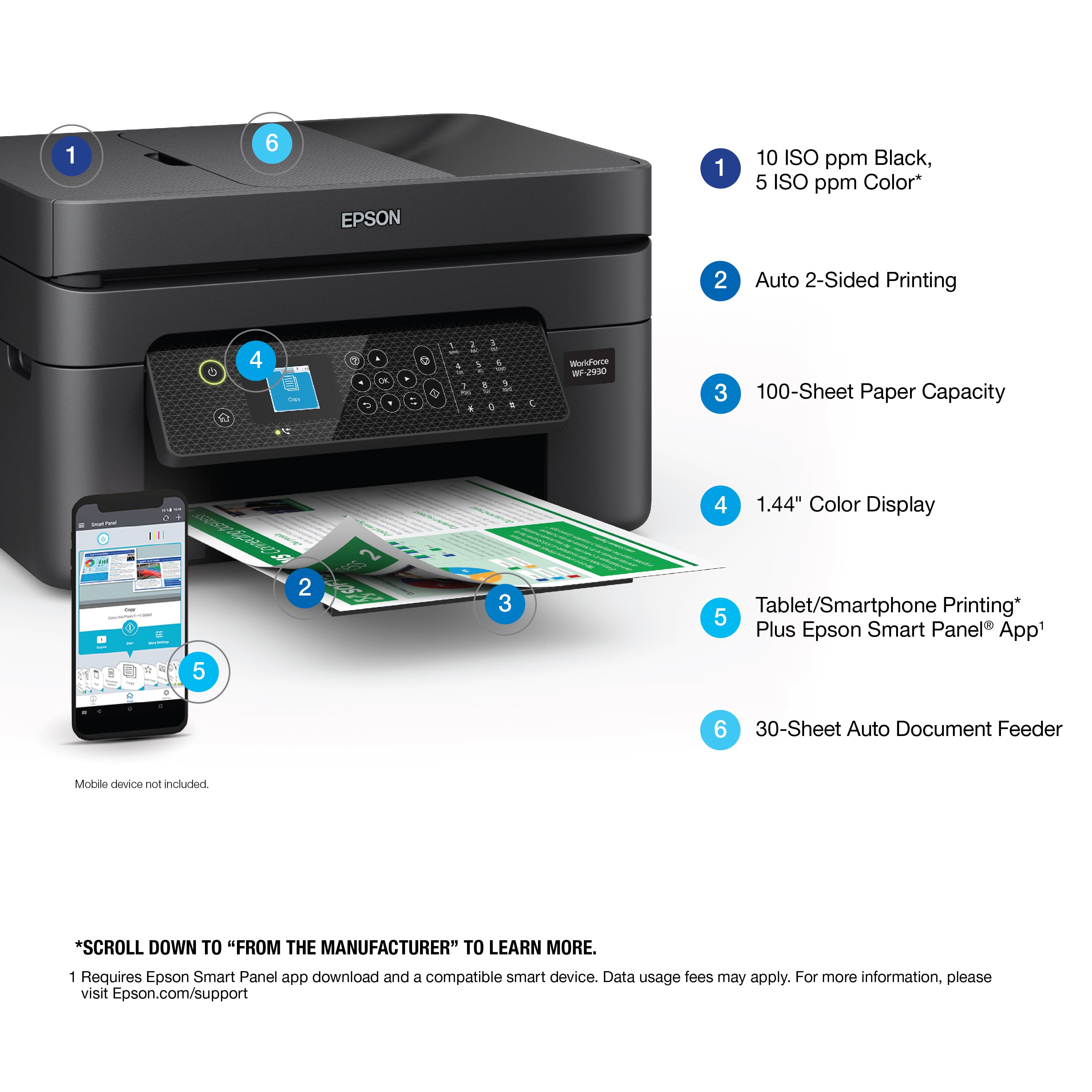 1. 6 EPSON 1. 10 ISO ppm Black, 5 ISO ppm Color*
2. Auto 2-Sided Printing
3. 100-Sheet Paper Capacity
4. 1.44" Color Display
5. Tablet/Smartphone Printing*
6. Plus Epson Smart Panel App
7. 30-Sheet Auto Document Feeder
8. Mobile device not included
9. Requires Epson Smart Panel app download and a compatible smart device.
10. Data usage fees may apply.
11. For more information, please visit Epson.com/support.
