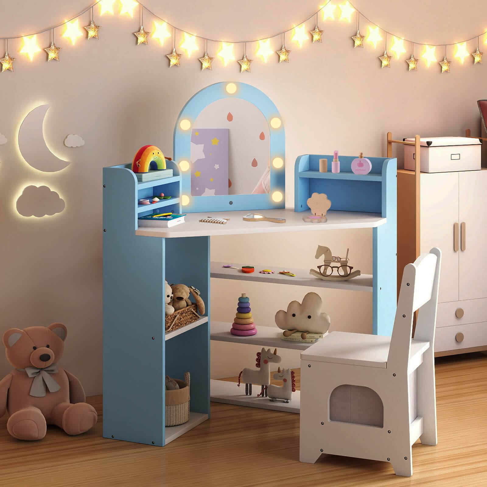 Alt View 3. Costway - Costway Corner Kids Vanity with Lights, 3 Storage Shelves, 5 Open Compartments, Accessories - Blue + White.