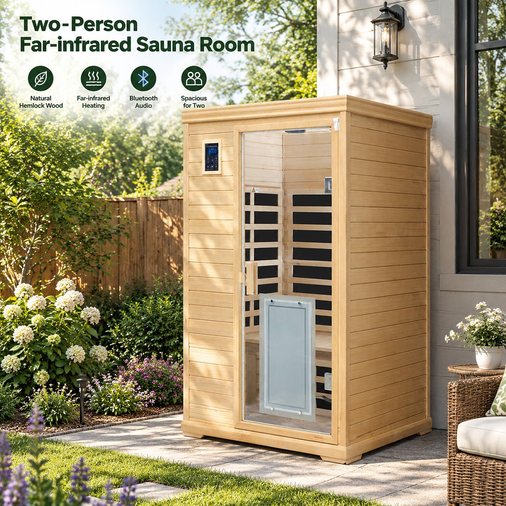 Two-Person Far-infrared Sauna Room

- Natural Hemlock Wood Heating
- Far-infrared Heating
- Bluetooth Audio
- Spacious for Two