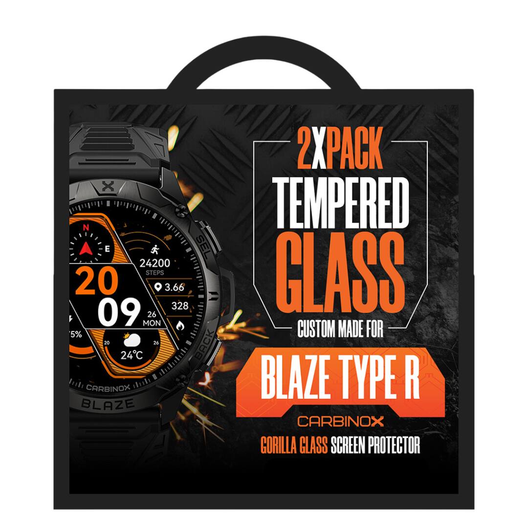 2X PACK  
TEMPERED GLASS  
CUSTOM MADE FOR  
BLAZE TYPE R  
CARBINOX  
GORILLA GLASS SCREEN PROTECTOR  

24200 STEPS  
3.66  
328  
20 09 MON  
5%  
24°C  
26  
BACK  

CARBINOX  
BLAZE