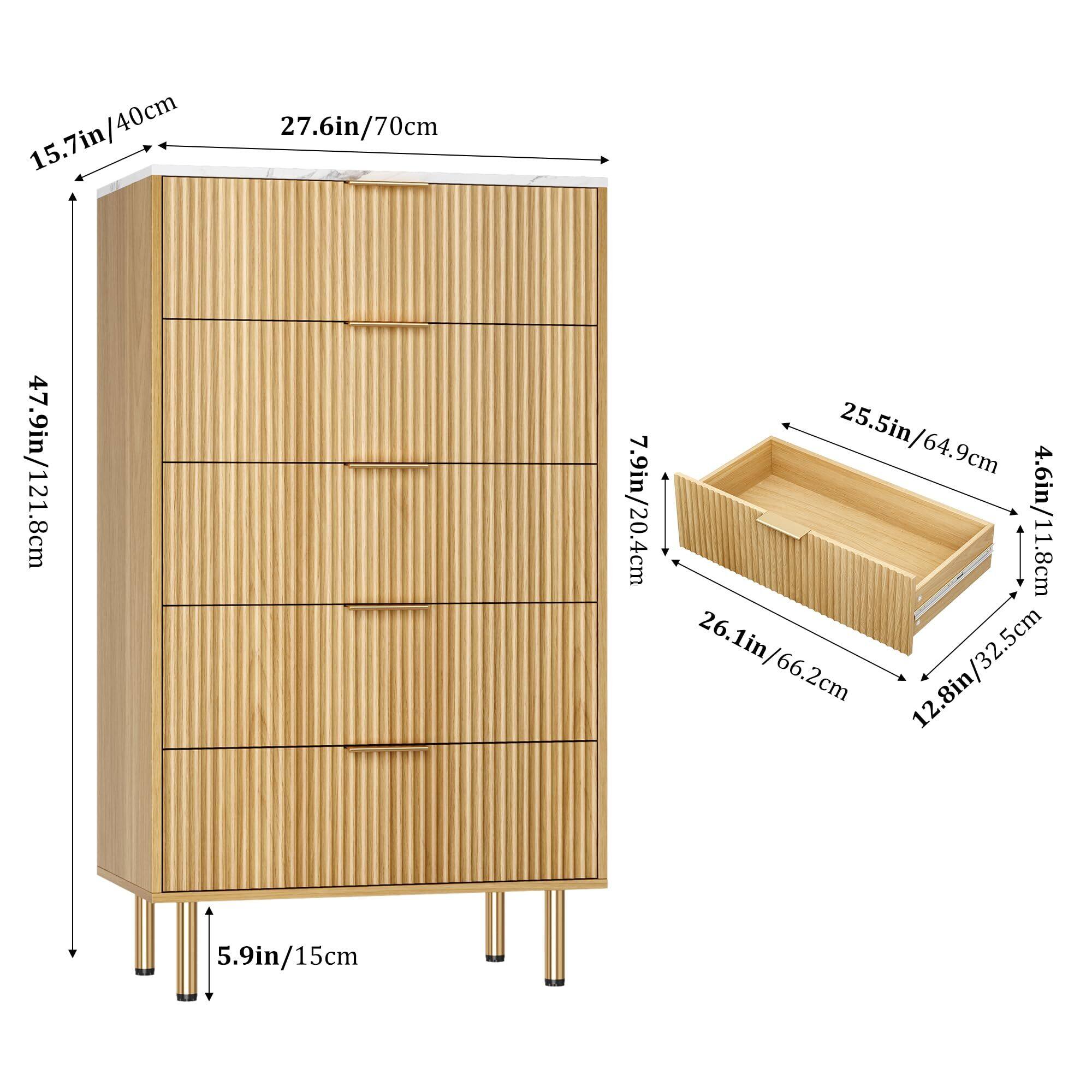 Alt View 1. Acekool - 5 Drawers Dresser for Bedroom, Fluted Dresser Chest of Drawers with Handle, Wood Modern Dressers for Closet - Yellow.