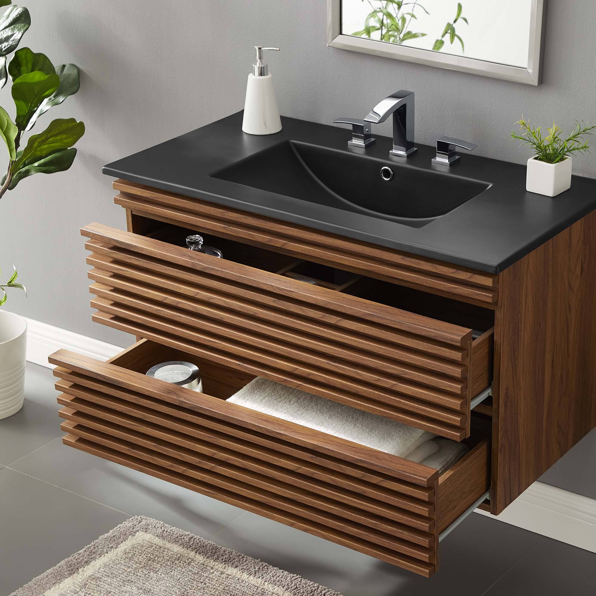 Left. Modway - Render Wall-Mount Bathroom Vanity with Black Basin Included - Walnut Black.