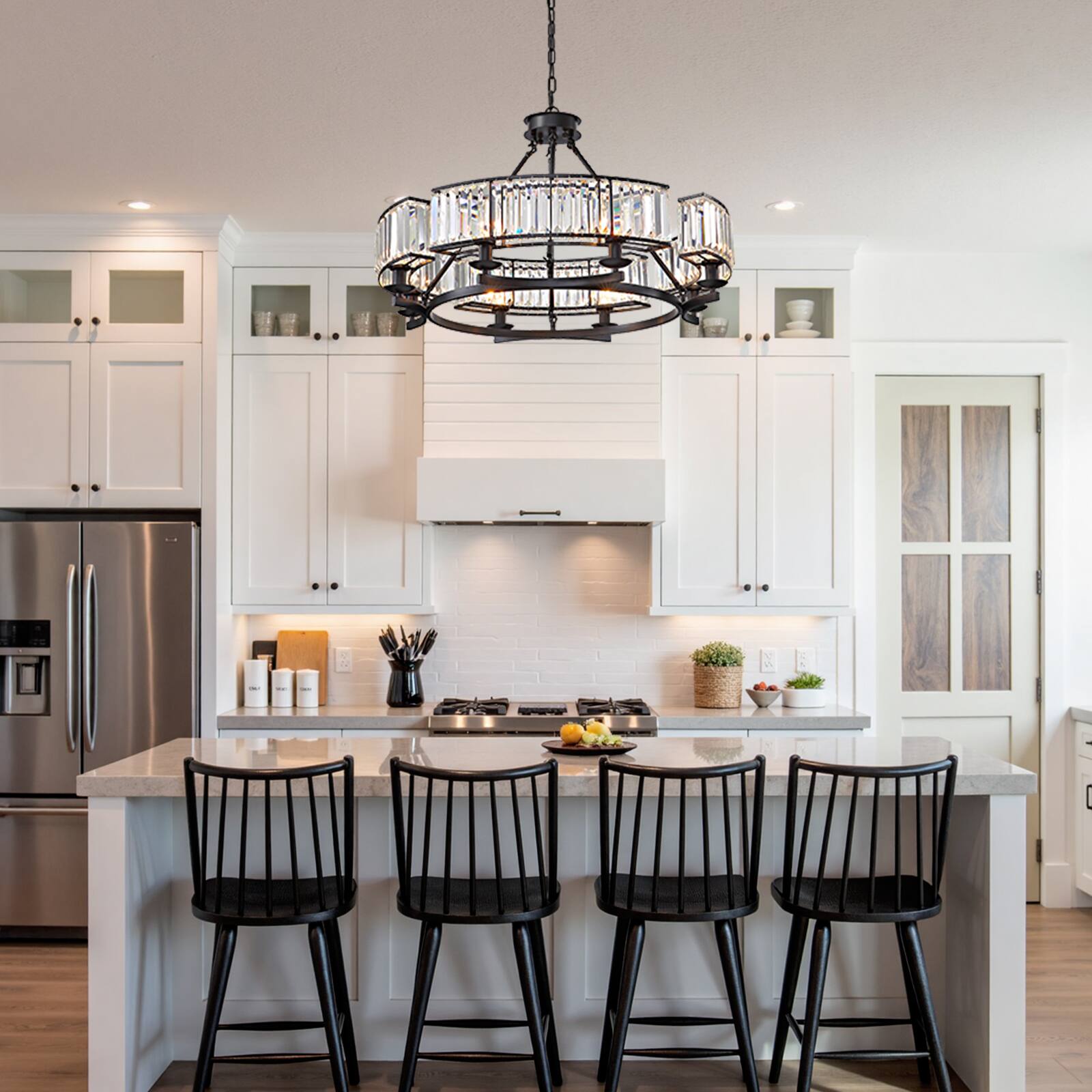Alt View 1. Siljoy - 31.5" 8-Light Black Farmhouse Round Crystal Chandelier, Adjustable Chain Pendant Light for Dining Room Kitchen Island - Black.