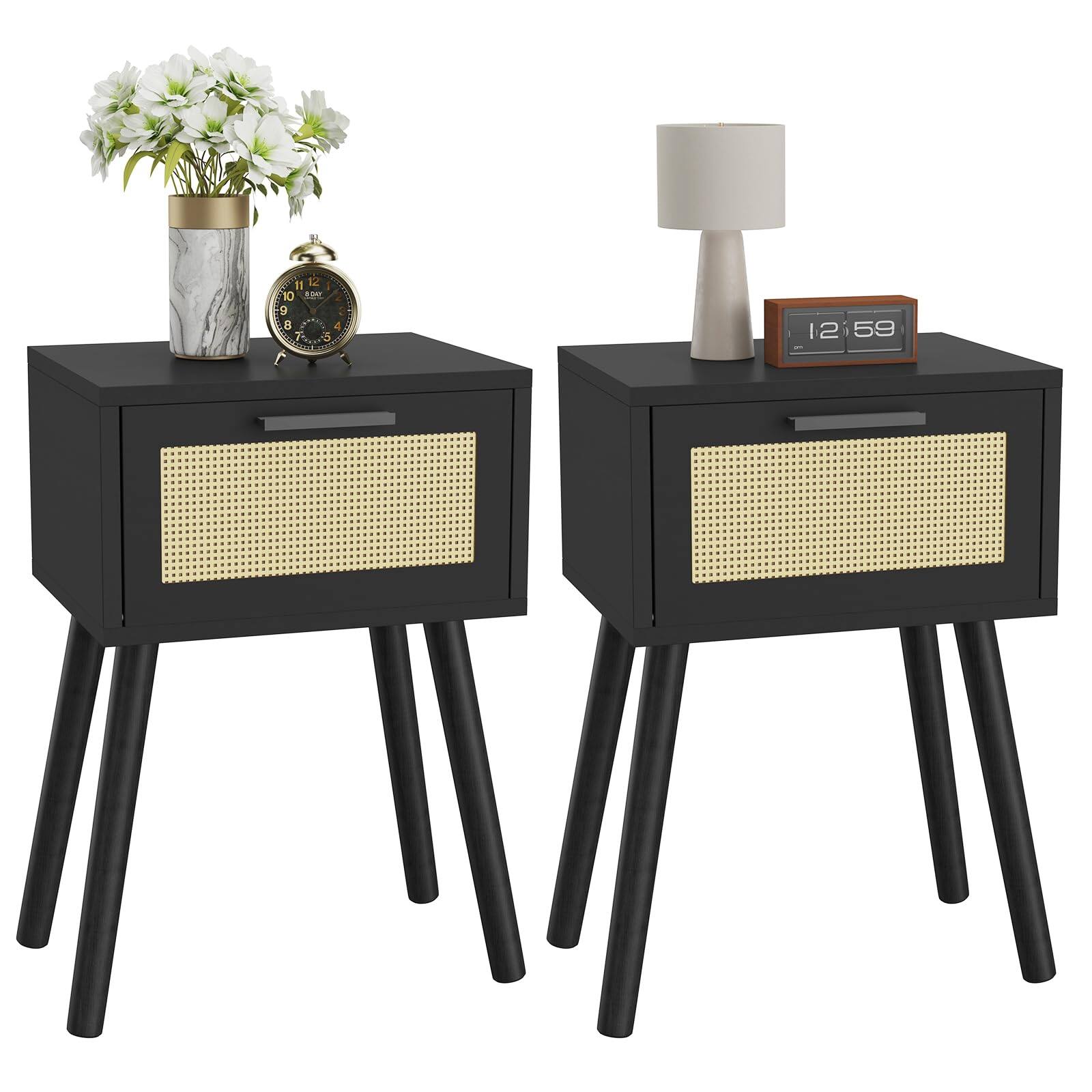 Empire DigiLabs - Nightstand Set Of 2 End Table Bedside Handmade Rattan Decorated Drawer Solid Wood Modern Side For Bedroom A - Black
