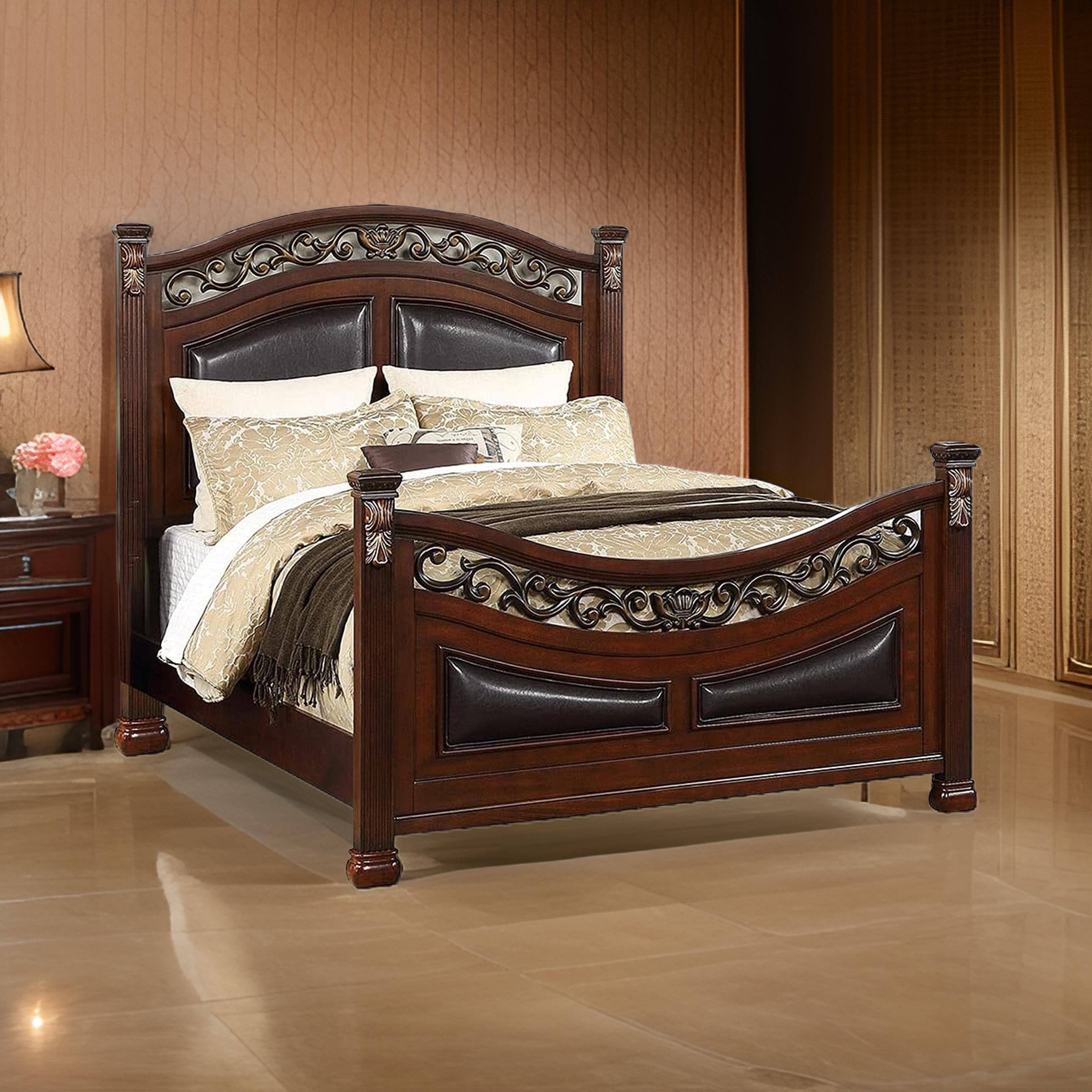 Alt View 5. Manhattan Lane - Meo Queen Size Bed, Padded Carved Dark Brown Faux Leather Upholstered - Brown.