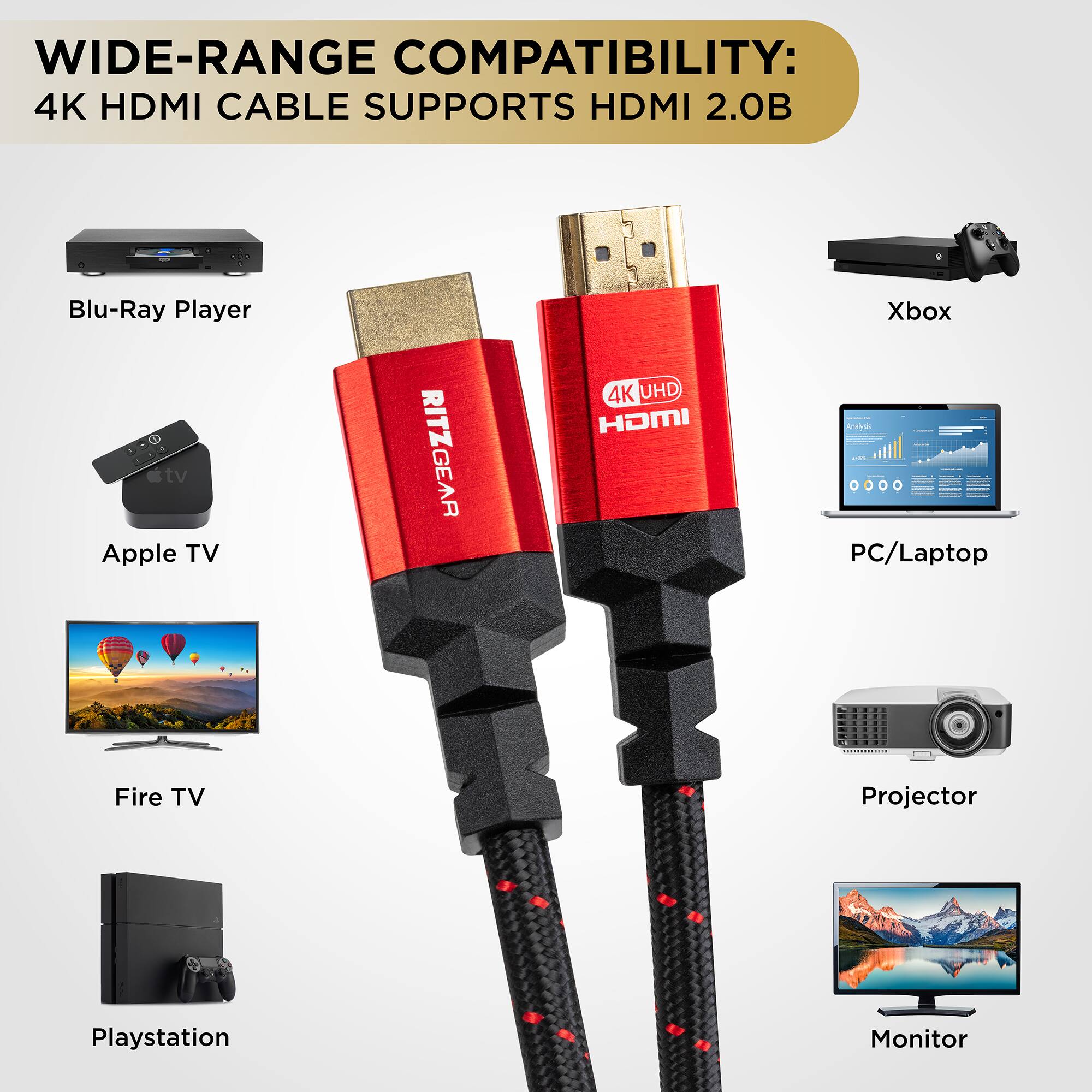 WIDE-RANGE COMPATIBILITY: 4K HDMI CABLE SUPPORTS HDMI 2.0B

Blu-Ray Player
Xbox
Apple TV
PC/Laptop
Fire TV
Projector
Playstation
Monitor