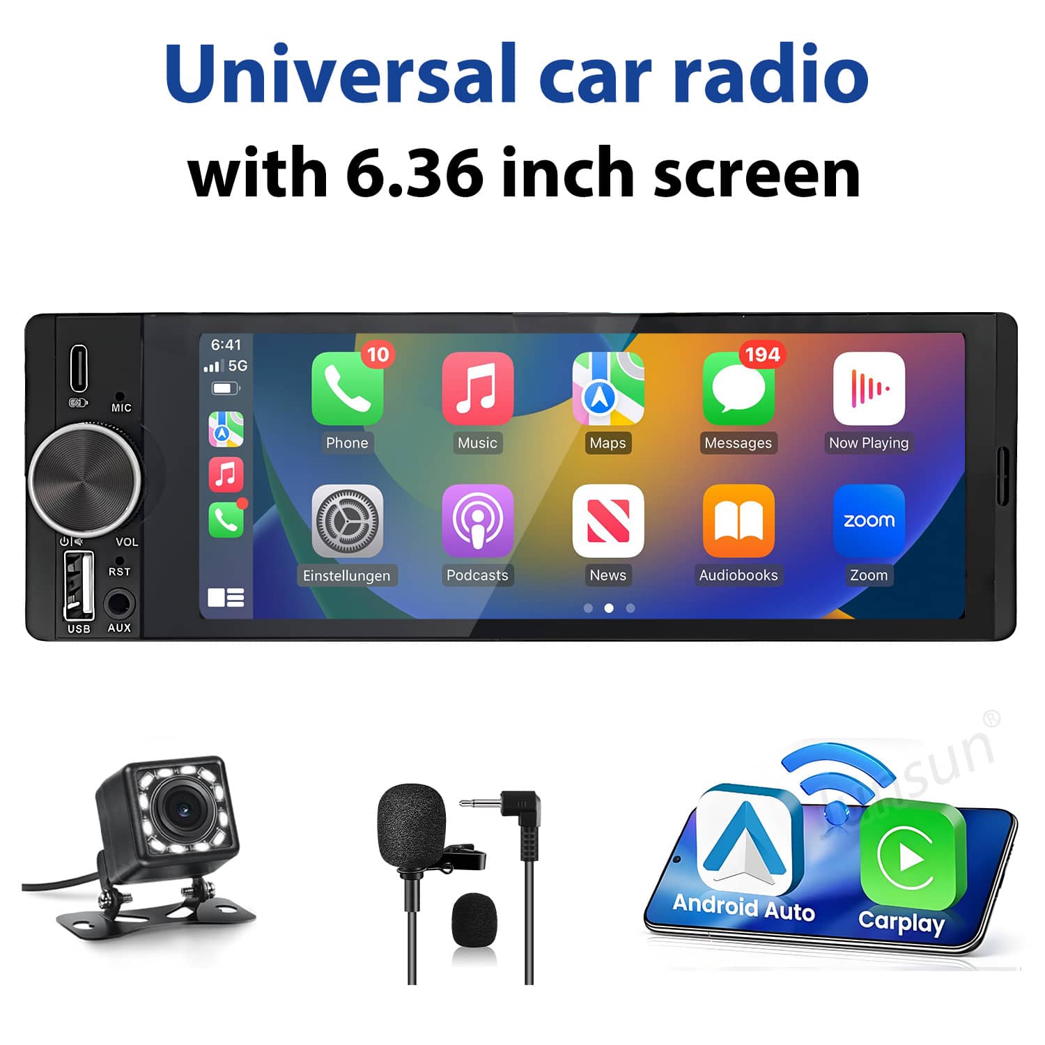 Junsun - Microphone+ Rear Camera 6.36" touchscreen Single Din Car Stereo Radio carplay Andtoid Auto Bluetooth USB MP5 - Black