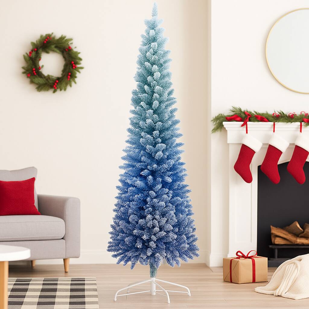 Front. BreeBe - Snowy Blue Gradient 7FT Xmas Tree – Full Artificial Flocked Christmas Tree - Blue.