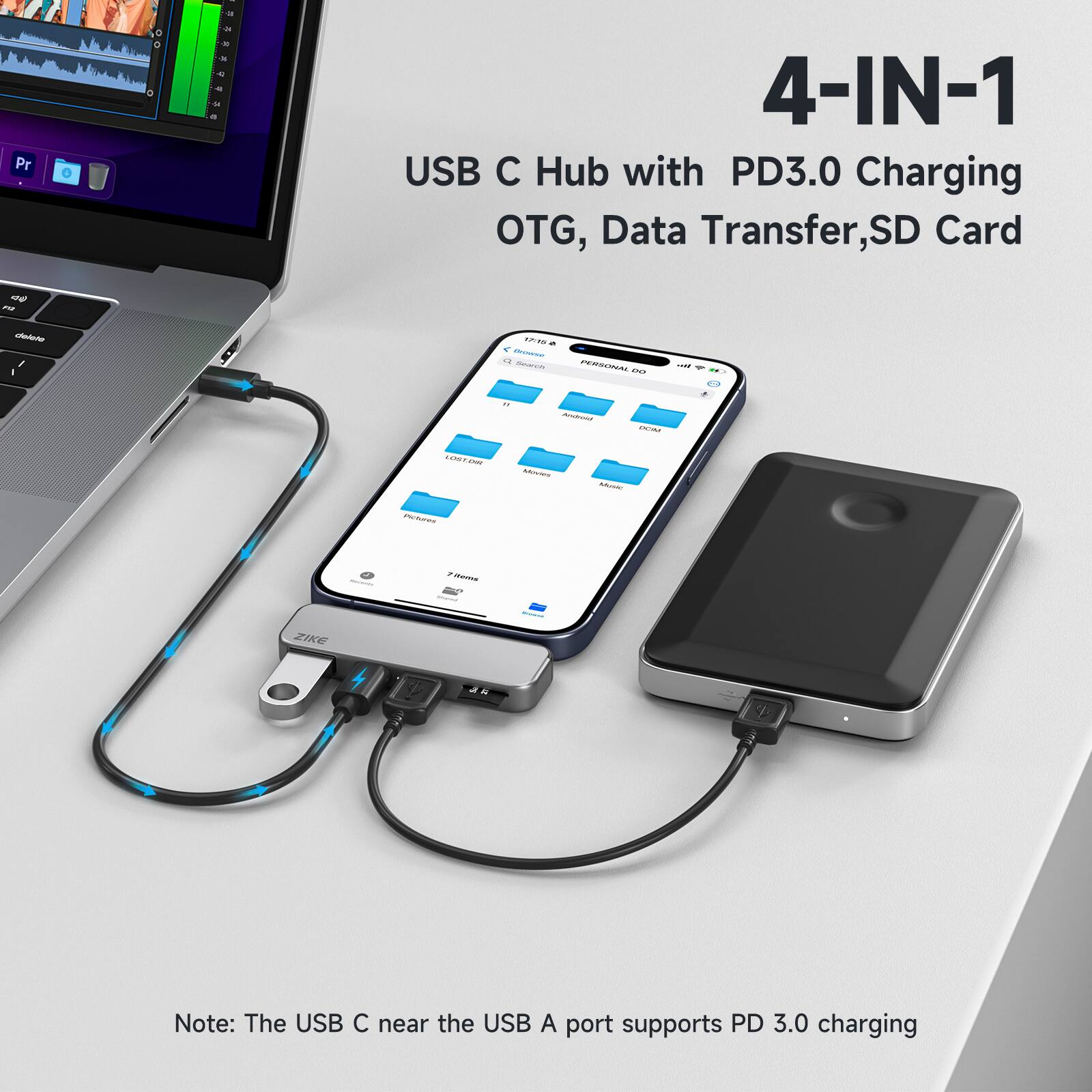 Zike Z806 USB C 4 in 1 USB C Hub, 27W Fast Charging, Dock for