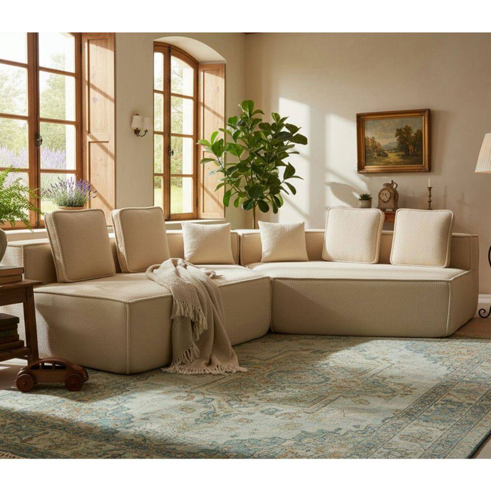 Alt View 9. Kadyn - 132" Oversized Teddy Modular Sofa - Full-Foam Couch with 6 Pillows, High-Density Support for Family Living Rooms - Beige.