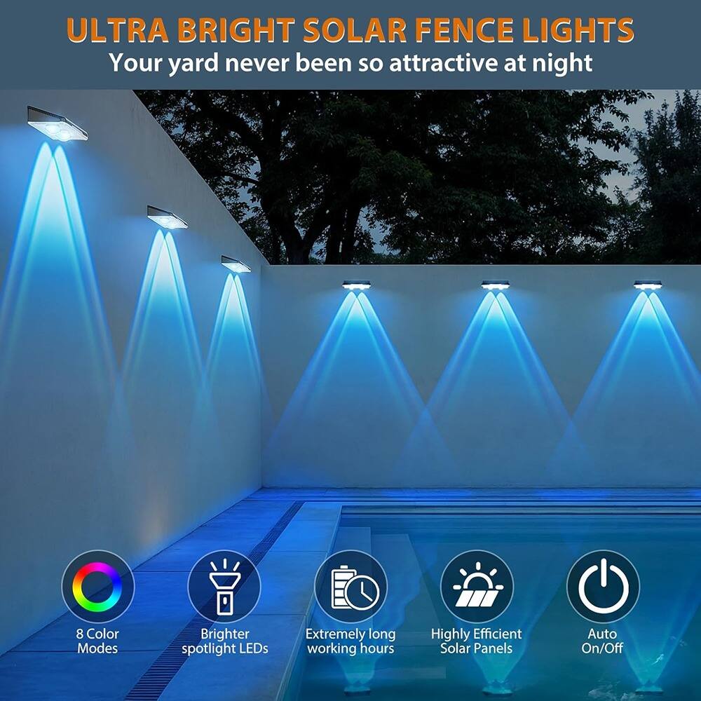 ULTRA BRIGHT SOLAR FENCE LIGHTS  
Your yard never been so attractive at night  

- 8 Color Modes  
- Brighter spotlight LEDs  
- Extremely long working hours  
- Highly Efficient Solar Panels  
- Auto On/Off
