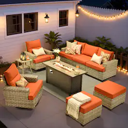 Ovios - 9 PCS Patio Furniture Sofa Set with Swivel Chairs, Side Table & 54" Fire Pit Table for Backyard - Orange Red