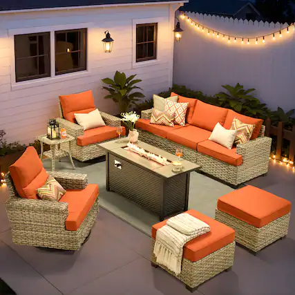 Front. Ovios - 9 PCS Patio Furniture Sofa Set with Swivel Chairs, Side Table & 54" Fire Pit Table for Backyard - Orange Red.