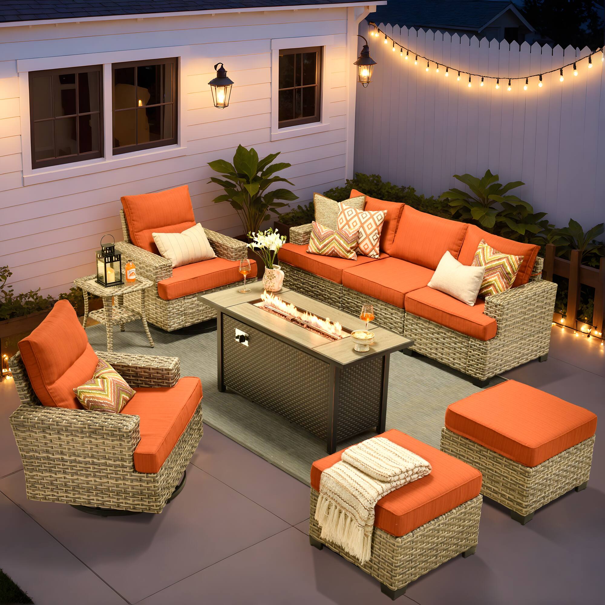 Front. Ovios - 9 PCS Patio Furniture Sofa Set with Swivel Chairs, Side Table & 54" Fire Pit Table for Backyard - Orange Red.