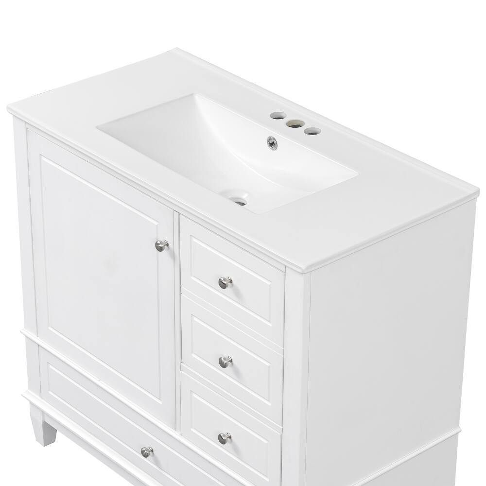 Back. Loheer - Loheer 36 inch bathroom vanity White Freestanding Cabinet with Ceramic Sink and 3 Drawers - White.