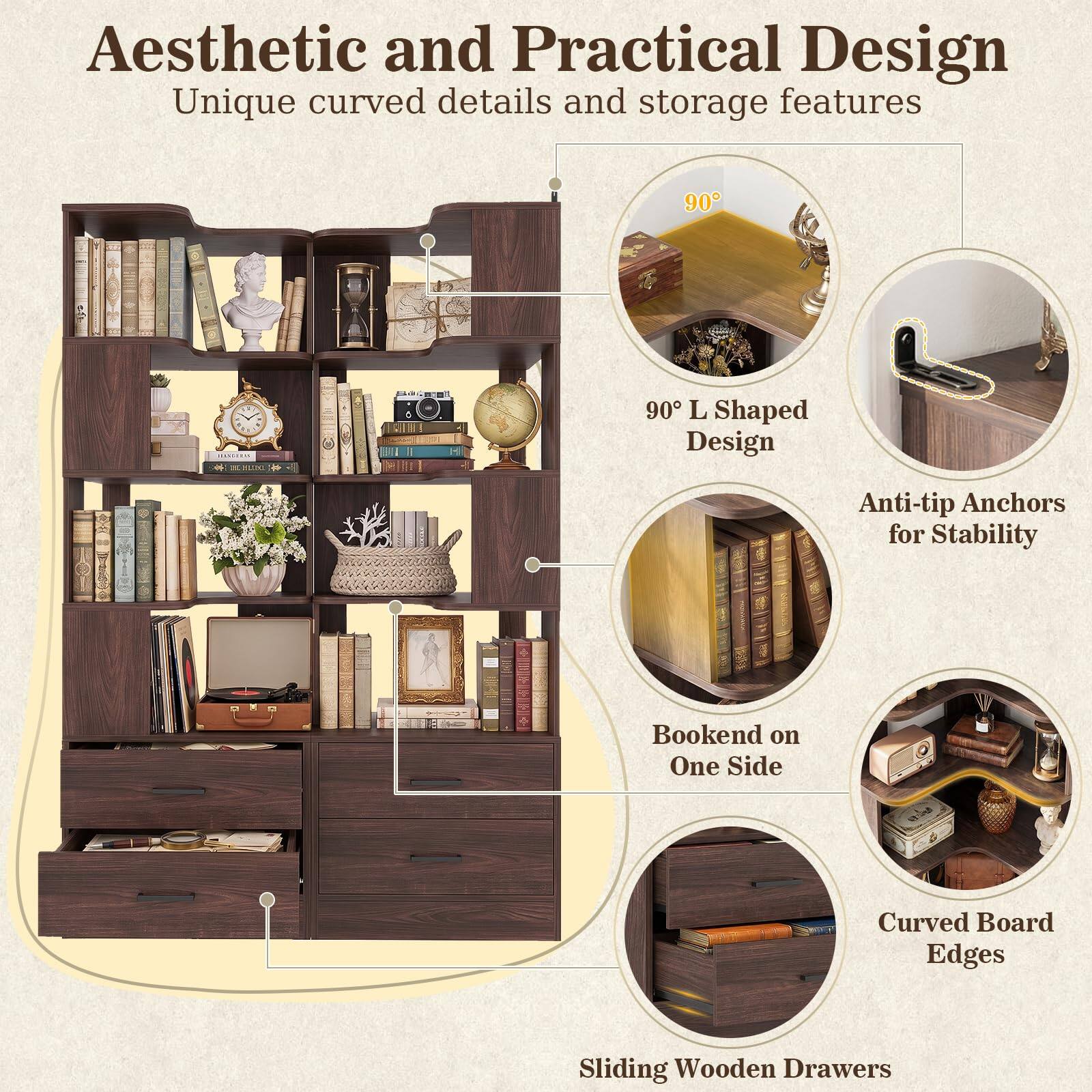 Aheaplus 2 Piece Set 7 Tier L Shaped Corner Bookshelf with 2 Drawers ...