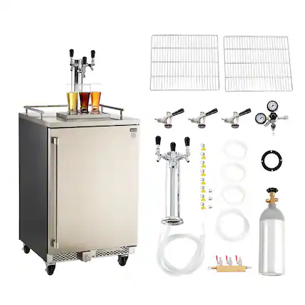 Front. VEVOR - Beer Kegerator, Triple Tap Commercial Draft Beer Dispenser for D system, Full Size Keg Refrigerator with 5lbs CO2 Tank - Silver.